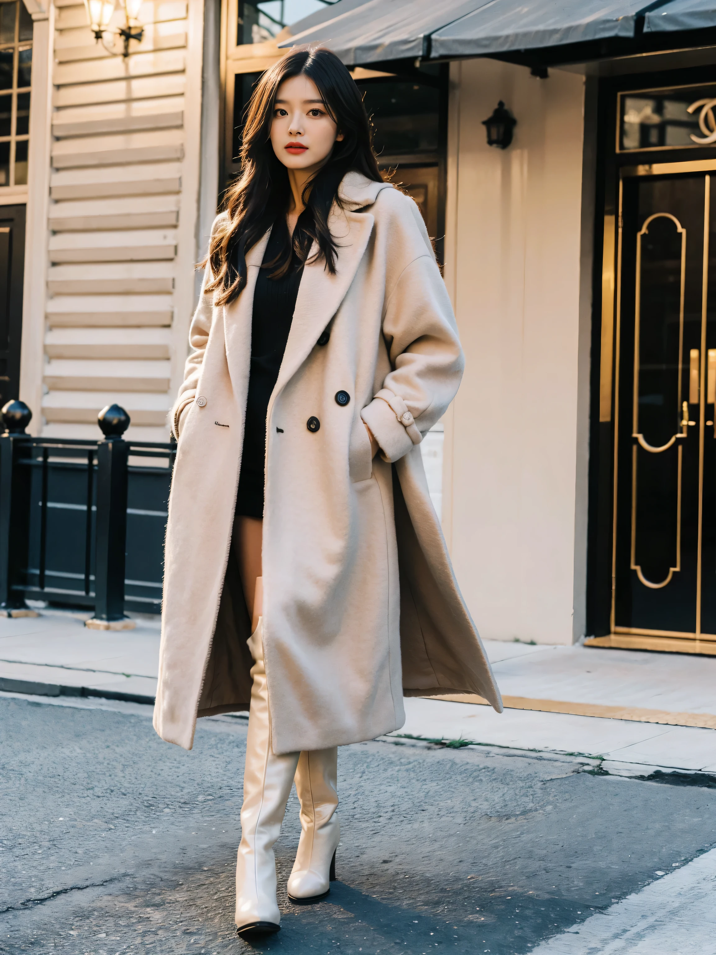 Best quality,tmasterpiece,超高分辨率,(actual:1.4),RAW photos,hyper HD,8K,There is one girl,Stylish clothes,Chanel style,Stylish skinny suit, Long coat,high-class fashion,ellegance, tigh-high boots,Over-the-knee boots,Casual pose,legs long