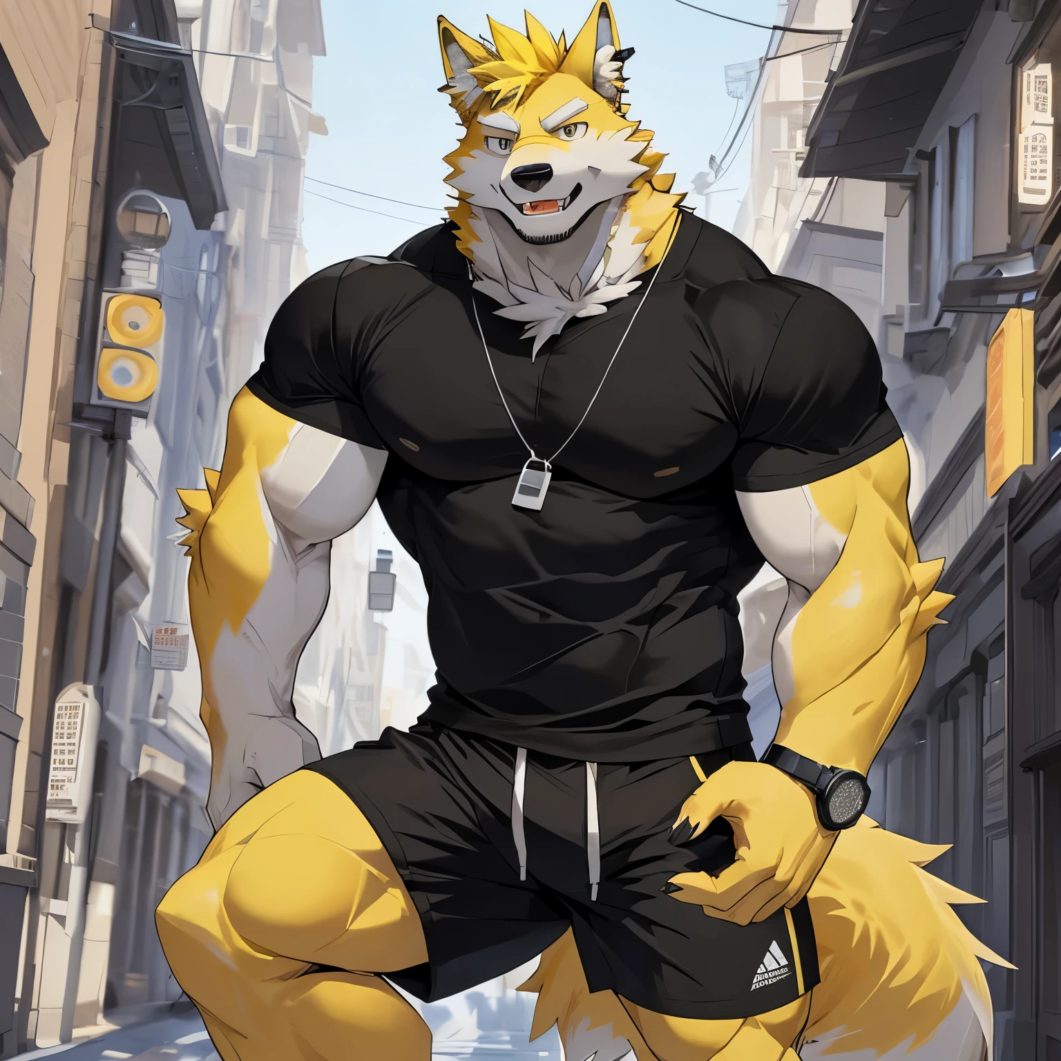 master-piece,bestquality,advanced portfolio, single character,Wolf Head, muscular, sexy yellow ears, Yellow hair, hair on arm, hair on legs, Yellow fur all over,Black sports shorts, face recognition