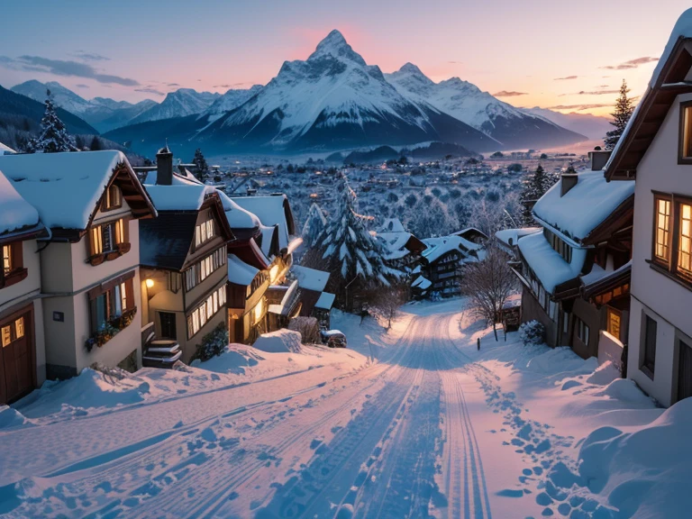 Switzerland　Bern　traditional townscape　The color of the sky with a beautiful gradation　There is a little snow on the ground　morning　very beautiful scenery　8K　Top image quality　​masterpiece