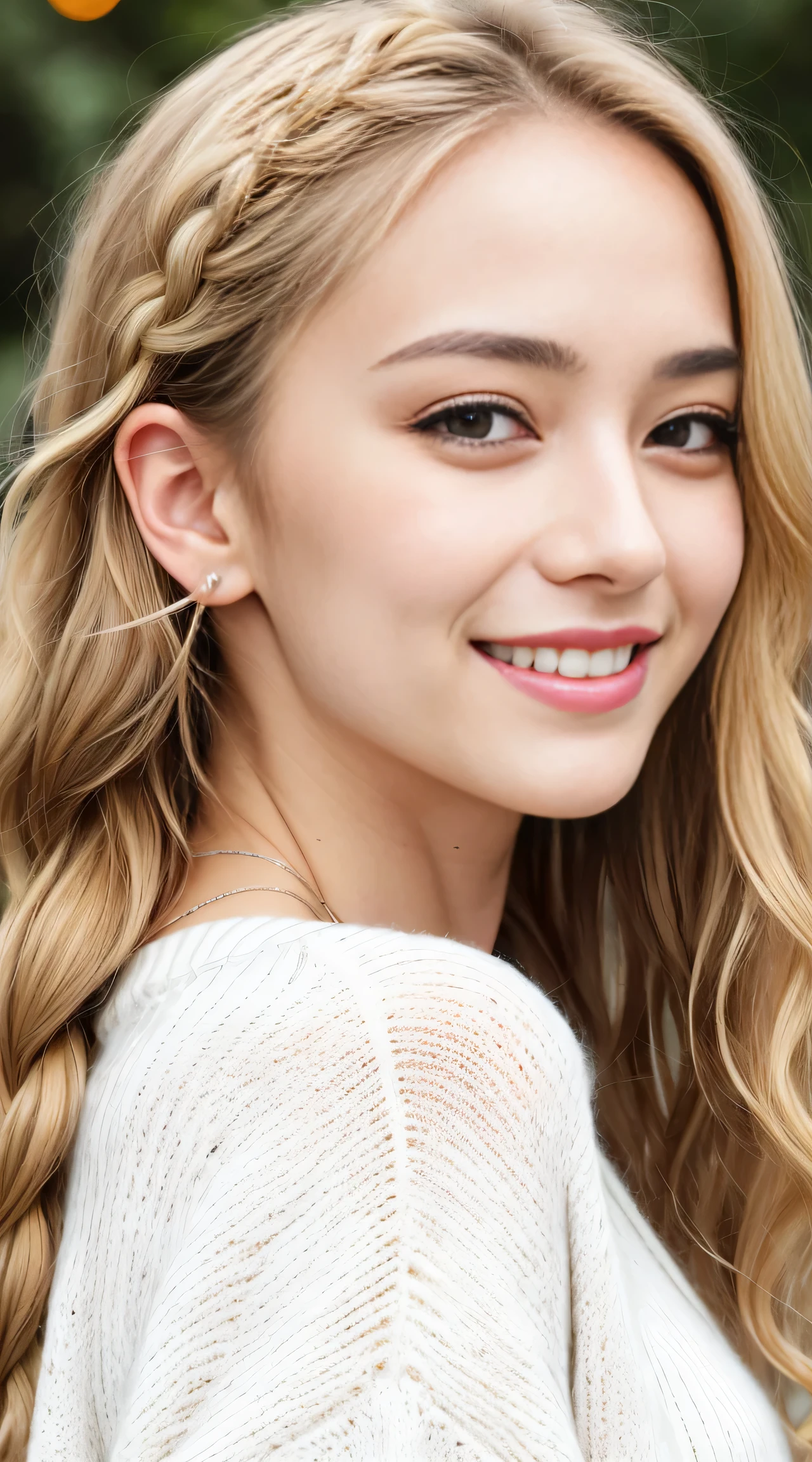 (Helena Lovista)美しい女性の見事なa picture, ((30-years old)), Perfect Fit Body, big Black eyes, long messy blond hair, ((Wearing a white sweater、beautiful blonde with dark eyes)), Very detailed, 30-years oldの, Innocent face, Natural wavy hair, Black eyes, hight resolutionであり, masutepiece, Best Quality, Intricate details, Highly detailed, Sharp Focus, Detailed skin, Realistic, Texture, Detailed eyes, Professional, 4K, へにょへにょしたA smile, Perfect Fit Body, Extremely detailed, a picture_\(Ultras\), photoRealistic, Realistic, Post-processing, Maximum Detail, Roughness, Real life, Ultras Realistic, Photorealism, a picture化, 8K UHD, a picture化 ,Hair ribbons, agnes cecile, portlate, Very bright design, PastelColors, (inky:1.3), autumn lights,  perfect  eyes, Perfect iris，Perfect lips，perfect teeth、​masterpiece, 最hightquality, hightquality, hight resolution、portlate、A smile、(blonde braids curly), (facial close-up)、