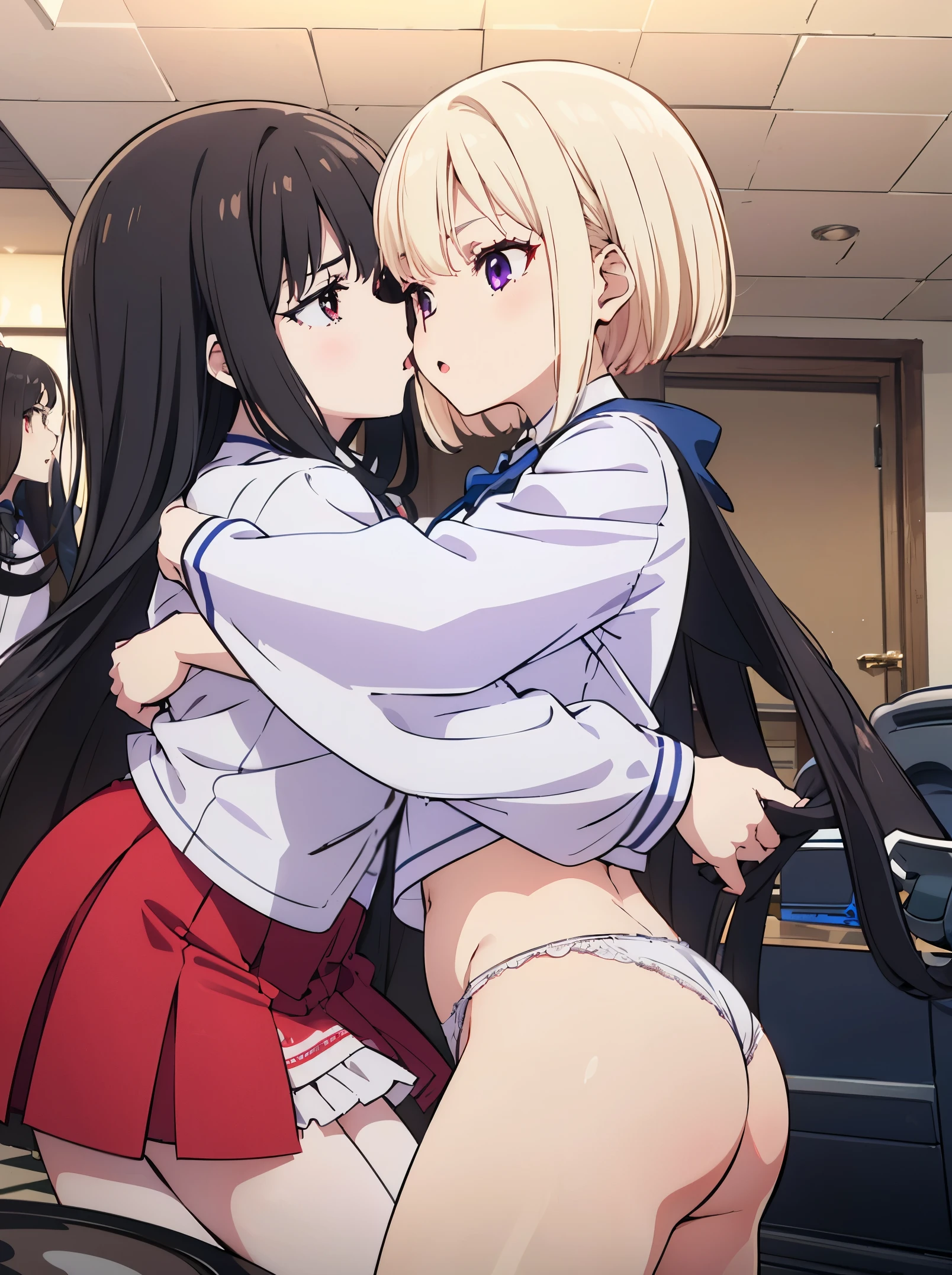 NSFW，sex,vaginal,4men,2girl,gangbang,(masterpiece), (best quality),lycoris,Chisato+takina,
2girls,hug each other，kiss each other,clothed,school uniform ,(((right girl is purple eyes,right girl is black long hair))), (((left girl is red eyes,left girl is blonde short hair))),Best proportions,cowboy shot, ,Her thin legs are so cute.,Very beautiful long legs.,white thighhig,white lace panties,Intertwining legs　each other
