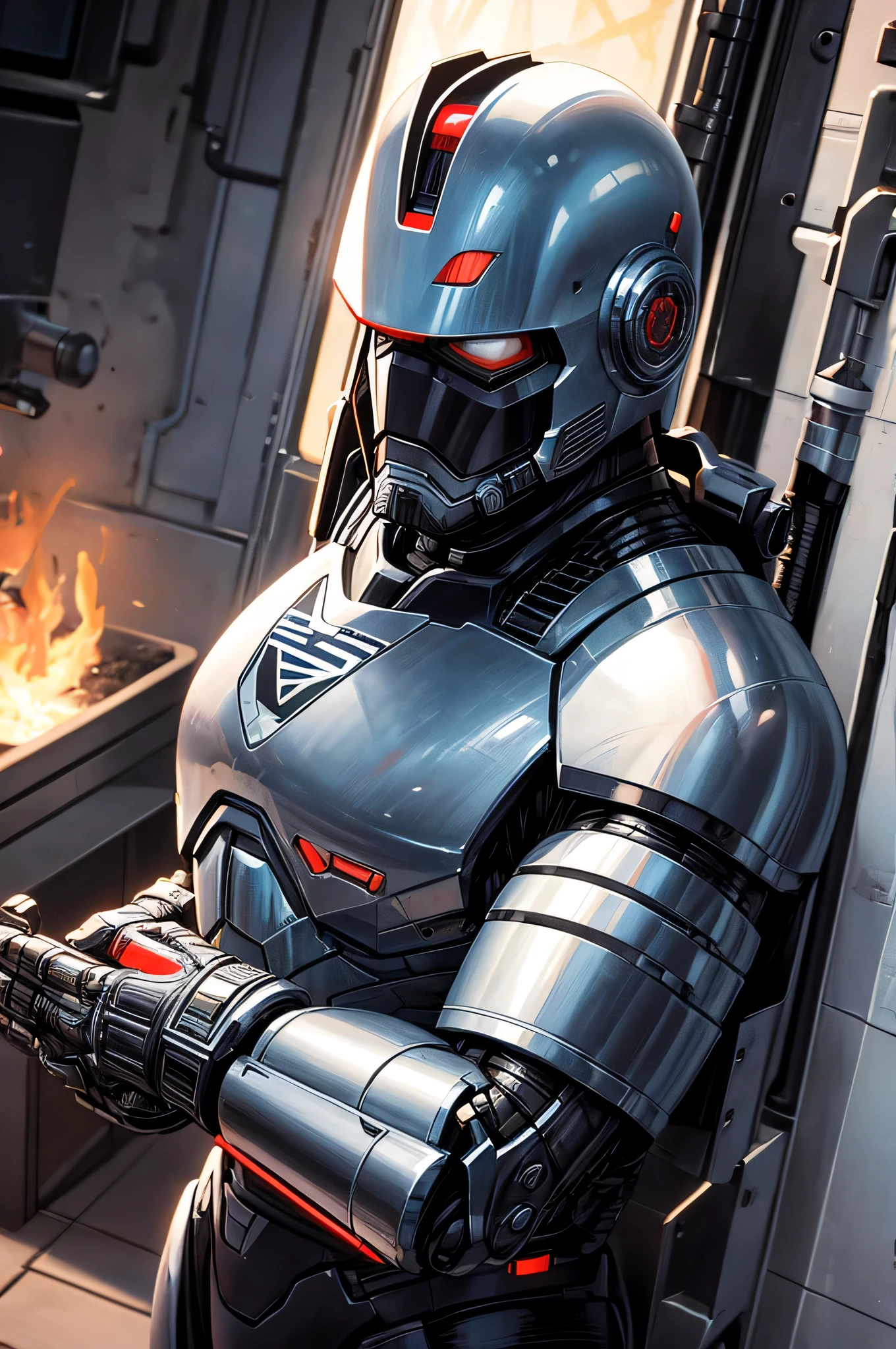 Produce an image with maximum quality and cinematic style that recreates the iconic RoboCop character with a vintage and nostalgic approach. Portray RoboCop in his classic armor