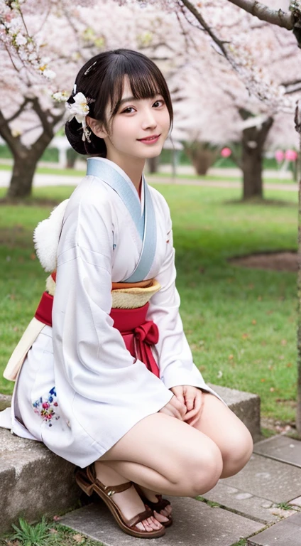 1girl,full body,Wearing an ornament on the head,Japan Traditional Hair Set,(kanzashi,Colorful kimono,Red, white and cherry blossom Kimono,Kimono with gorgeous and elegant designs,highest grade obi,Kimono of Kyo Yuzen,Kimono dyed by Kyotomo,Furisode,Floral pattern in Japanese style:1.5,white fur shawl),January,There&#39;s a little snow left,Best Quality,4K,8K,hight resolution,masutepiece:1.2,Realistic,tre anatomically correct,Use natural light and color,Ultra-realistic capture, Highly detailed,人間の皮膚のhight resolution16kクローズアップ,Skin texture must be natural, Detailed enough to finely identify pores. Skin should look healthy,fine-grained white skin,medium breasts,Sharp Focus,In a uniform tone,Ultra-detailed,extremely detailed eye and face,Beautiful detailed eyes,Beautiful detailed lips,long eyelashes,Photorealistic:1.37,japanes,beautiful and magnificent composition,masutepiece,Attractive,Cute,silky smooth hair,light smile,with round face,white tabi socks,Zori sandals,(Silver hair color)