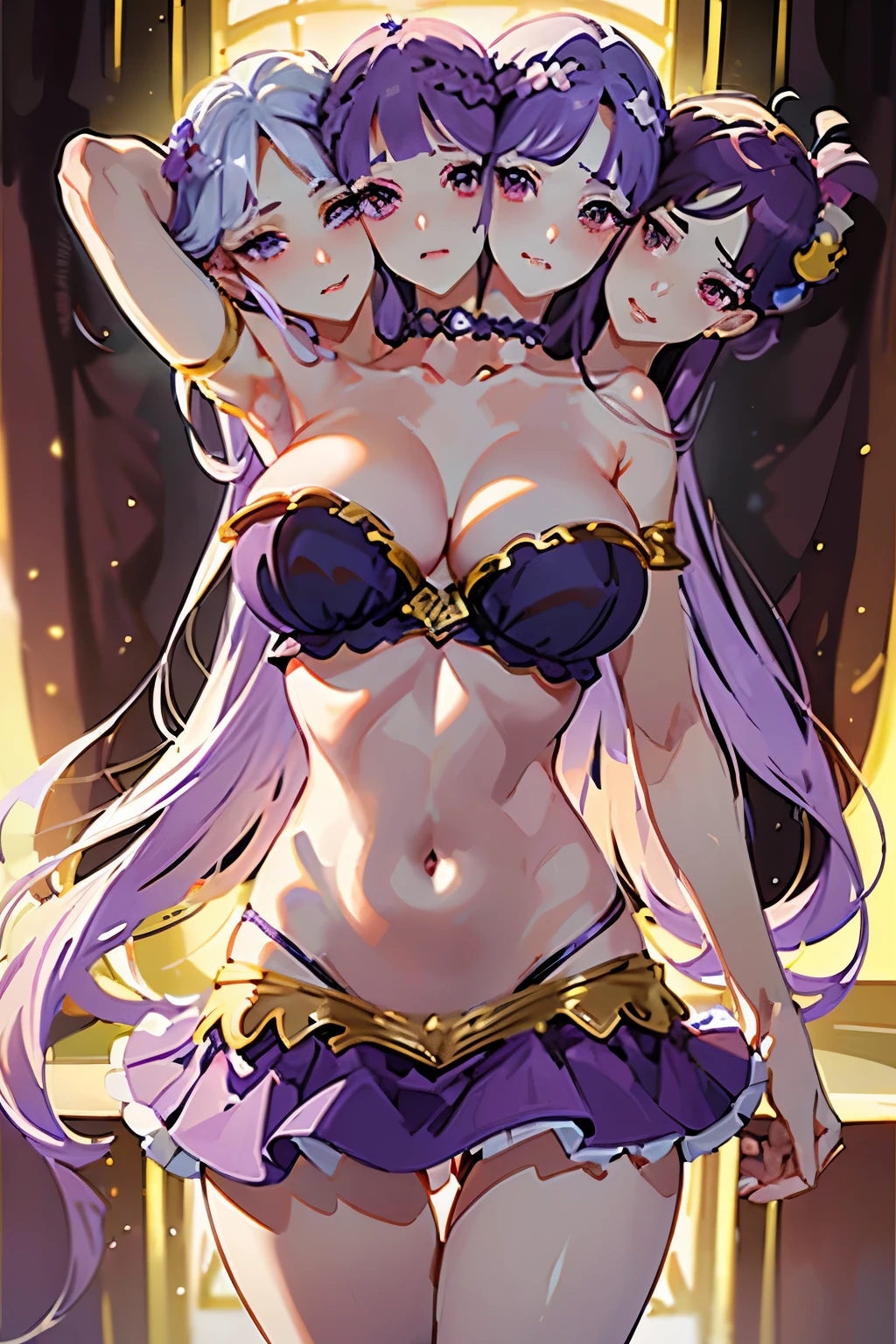 (masterpiece, best quality),best quality, (ultra-detailed), (4heads:1.4), 1girl, (patchouli knowledge:1.3), masterpiece, best quality, violet top, crop top, ((stomach)), midriff, ((groin)), violet skirt, normal ears, shackles, purple hair, very long hair, wavy hair, sidelocks, purple eyes, parted lips, single horn, sweat, cute, toned belly, hand on own chest, eyelashes, (22 year old woman:1.3), (masterpiece:1.4), (best quality:1.4), (beautiful detailed eyetremely detailed CG, extremely delicate and beautiful, depth of field, (finely detailed face), (perfect details:1.0), (mature female:1.3), wide pelvis, slender, large veiny breast, 8k resolution, high quality, high definition, extremely detailed, masterpiece, best quality, purple hair, long hair, alluring presence, braid, short skirt, close up, big tits, young
