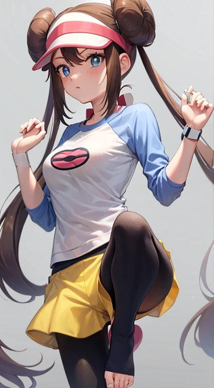 masterpiece, best quality, highres, ro1, hair bun, blue eyes, twintails, visor cap, ankle length pantyhose)), raglan sleeves, yellow shorts, shirt, standing, leaning forward, gym, ((barefoot)), (feet)