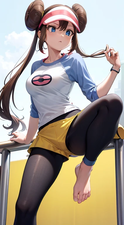 masterpiece, best quality, highres, ro1, hair bun, blue eyes, twintails, visor cap, ankle length pantyhose)), raglan sleeves, yellow shorts, shirt, standing, leaning forward, gym, ((barefoot)), (feet)