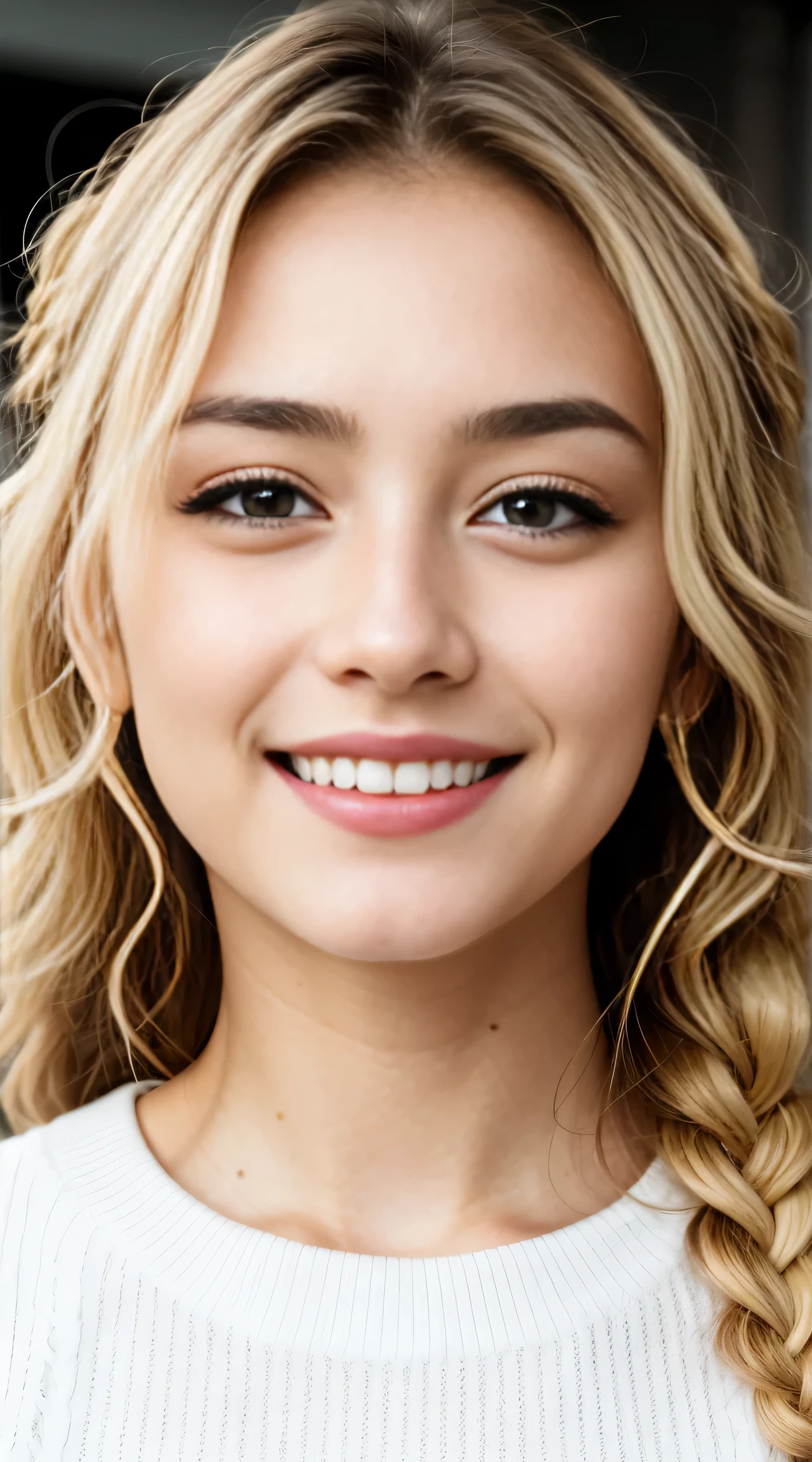 (Helena Lovista)美しい女性の見事なa picture, ((30-years old)), Perfect Fit Body, big Black eyes, long messy blond hair, ((Wearing a white sweater、beautiful blonde with dark eyes)), Very detailed, 30-years oldの, Innocent face, Natural wavy hair, Black eyes, hight resolutionであり, masutepiece, Best Quality, Intricate details, Highly detailed, Sharp Focus, Detailed skin, Realistic, Texture, Detailed eyes, Professional, 4K, へにょへにょしたA smile, Perfect Fit Body, Extremely detailed, a picture_\(Ultras\), photoRealistic, Realistic, Post-processing, Maximum Detail, Roughness, Real life, Ultras Realistic, Photorealism, a picture化, 8K UHD, a picture化 ,Hair ribbons, agnes cecile, portlate, Very bright design, PastelColors, (inky:1.3), autumn lights, perfect eyes, Perfect iris,Perfect lips,perfect teeth、masterpiece, 最hightquality, hightquality, hight resolution、portlate、A smile、(blonde braids curly),( braidan'curly hair1)、(facial close-up)、