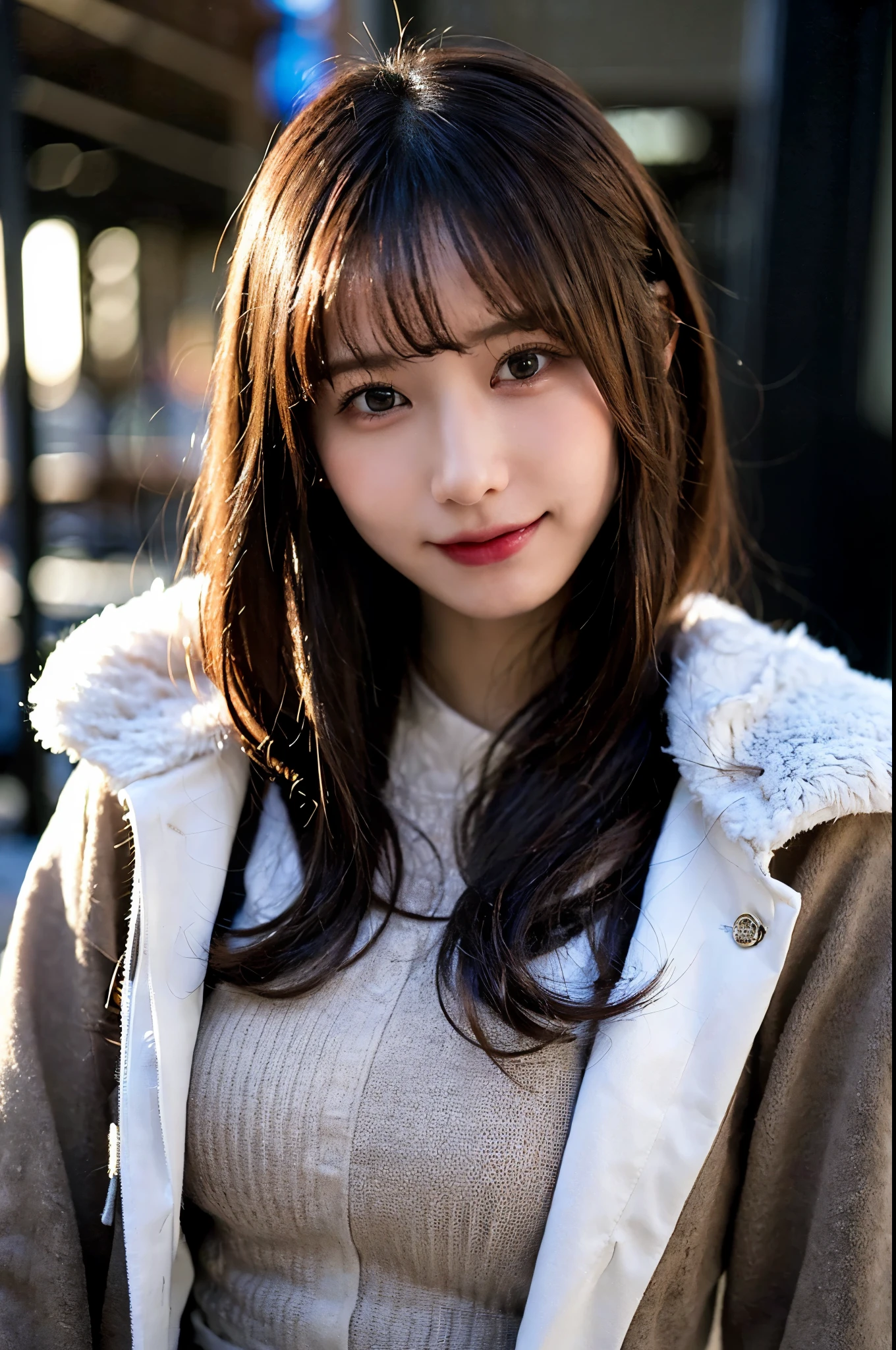 (masterpiece:1.3), (8K, Photorealsitic, Raw photography, Top image quality: 1.4), Japan high school girls、(Random hairstyles:1.2)、(large boob)、Super Detail Face、Eye of Detail、二重まぶた、foco nítido:1.2、prety woman:1.4、light brown hair、top-quality、masterpiece、超A high resolution、(Photorealsitic:1.4)、very detailed and professional lighting、(wearing a white wool coat)、slender、A smile、the setting sun、Wearing brown suede gloves、