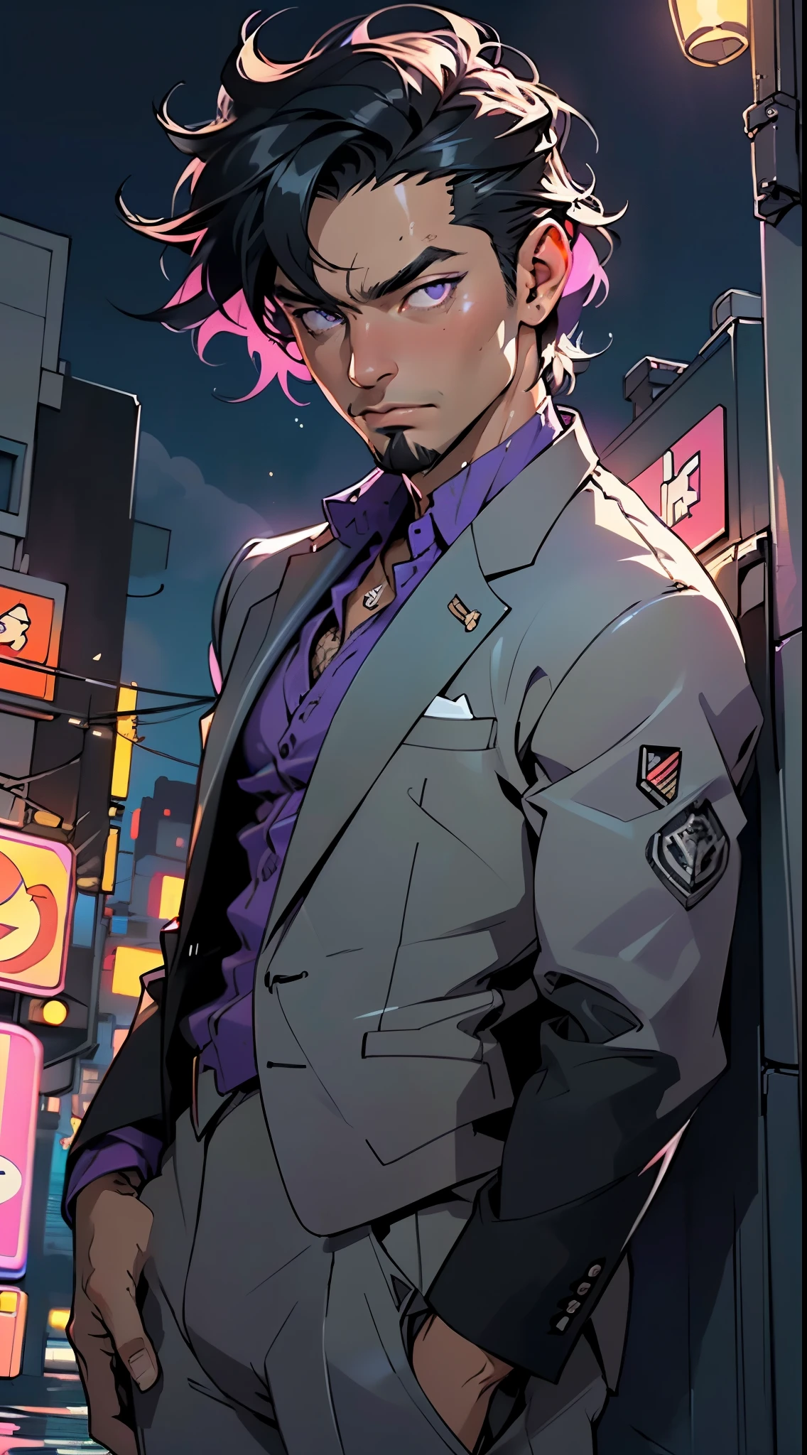 man:1.5,1 man,businessman man,(((1man))),((man with black short hair)),
(((1male,man:1.5,handsome man,male,male gender:1.5,male focus))),macho man,hero,
((messy hair,black short haircut,detailed black hair,highly detailed hair,black hair,colored inner hair)),(((lustrous skin:1.5,tanned skin,bright skin: 1.5,skin tanned,shiny skin,very shiny skin,shiny body,illuminated skin))),(((purple_eyes:1.2))),intricate eyes,beautiful detailed eyes,symmetrical eyes,((man chest)),handsome face,((muscular)),male jaw,((very short beard)),(((detailed face))),
manly,nsfw,
cyberpunk businessman, ((Business suit:1.5)), futuristic businessman,((bulge in pants)),((bold color suit:1.2)),((wet clothes,intricate outfit,intricate clothes,intricate suit)),
(dynamic pose:1.0),solo focus,((smug)),(centered,scale to fit dimensions,Rule of thirds),
cyberpunk city by the ocean at night, with bright neon signs and dark stormy clouds and puddles, scenery:1.25,nighttime, starry night, cosmos,Very dark night that makes the neon lights stand out, very bright neon lights,nighttime, starry night, cosmos,
artistic photography,(photography taken by sldr),highres, sharp focus,(ultra detailed, extremely detailed), (photorealistic artwork:1.37),(extremely detailed CG unity 8k wallpaper),((synthwave background theme)),(((vibrant colors))),intricate,(intricate background),(masterpiece),(best quality),perfect rendered face,perfect face details,realistic face,photo realistic,analog style,((intricate detail)),(((realism))),