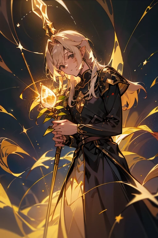 elfo das estrelas masculino, whose presence radiates the cosmic light of the universe. Ele possui uma estatura graciosa de aproximadamente 1,80 metros, com uma aura celestial que o envolve. Her hair, black as the vastness of space, is strewn with sparkling stars., giving the impression that the night itself rests in your head. Seus olhos profundos, Intense blue like the cloudless night sky, refletem o brilho das estrelas. Celestian's skin has a natural elven tone, but with a touch of stellar iridescence, proporcionando-lhe um brilho sutil. Their pointed ears accentuate their connection to cosmic wonders. Wearing a flowing tunic made of fabric that appears to be a fusion of silk and stars, Celestian glows softly as it moves. Detalhes prateados e dourados adornam suas vestes, evoking celestial constellations. He carries with him a staff carved with astral symbols that gently pulse with stellar energy..