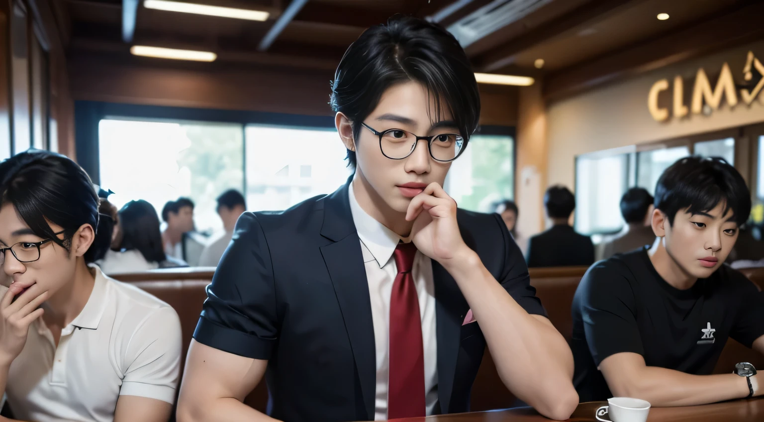 tmasterpiece: 1.2),(computer generated art:1.3),(actual:1.5),(Post-processing:1.3), (Focus Clear:1.3), 1人, (short sleeve tie suit), Young Koreans , Korean men, (high shadows detail), chest muscle, Big arm muscles, blood vessel, large muscle, broad shoulder, looking at viewert, wears glasses, nightclub, ports, cafe shop