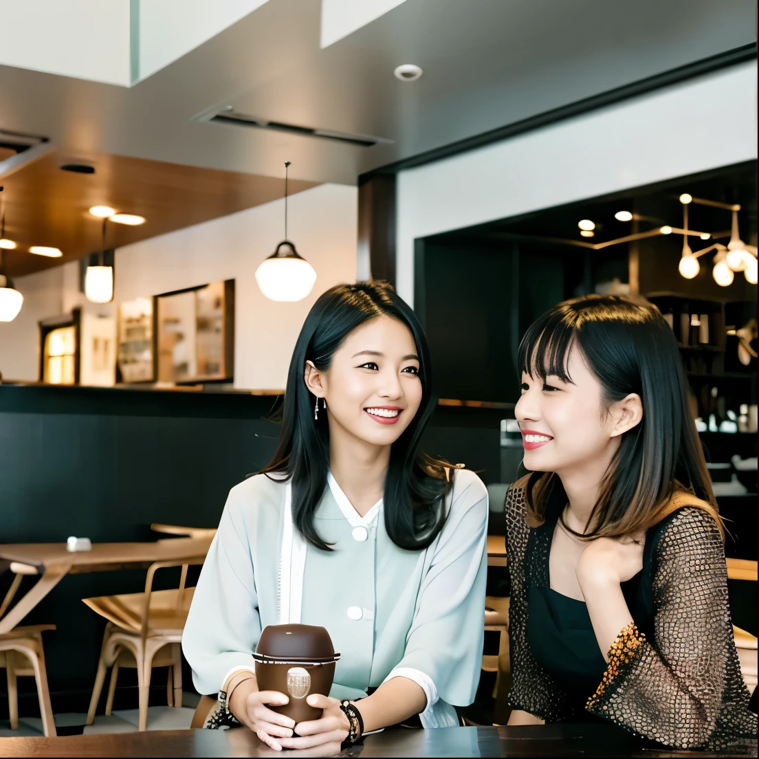 Two women sitting in a stylish cafe, ayami kojima and lyde caldwell, beautiful alluring female,Cafe clerk, zeen chin and terada katsuya, Asian Women, Facing straight ahead, Japanese, nixeu and sakimichan, looking partly to the left, with black, candid shot, exclusive, Cafe clerk女性, Beautiful women、Fashionable clothes