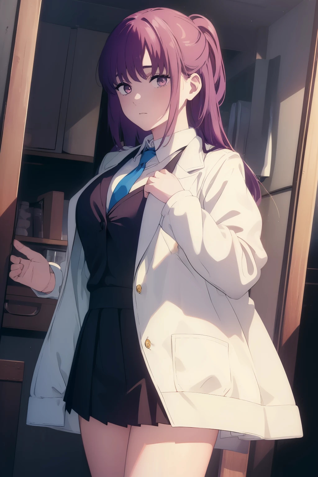 ((((Obra maestra, La mejor calidad, ultrahigh resolution)))), ((perfect anatomy)), 1girl, wearing pleated skirt, wearing white blazer, long hair, purple