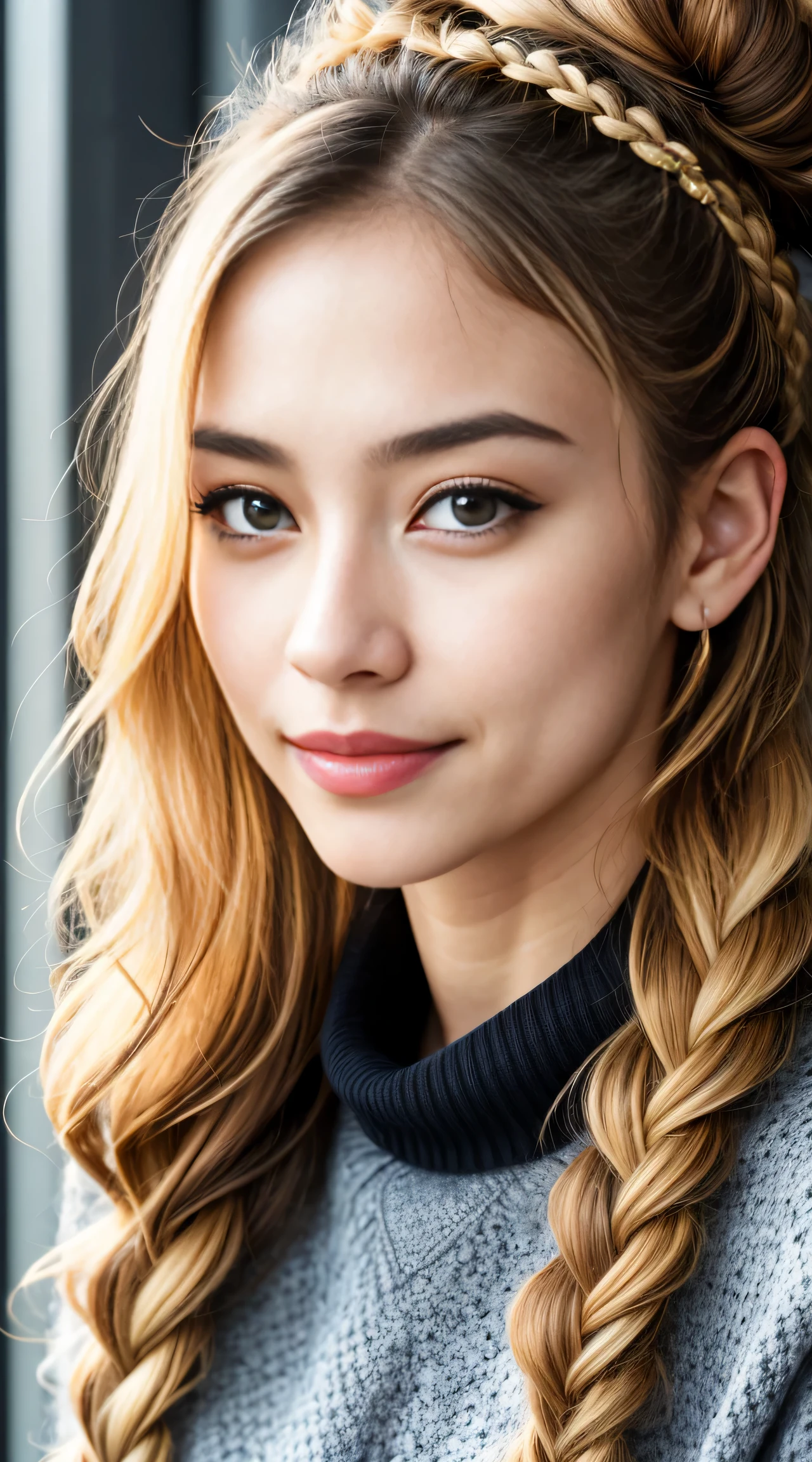 (Helena Lovista)美しい女性の見事なa picture, ((30-years old)), Perfect Fit Body, big Black eyes, long messy blond hair, ((Wearing a white sweater、beautiful blonde with dark eyes)), Very detailed, 30-years oldの, Innocent face, Natural wavy hair, Black eyes, hight resolutionであり, masutepiece, Best Quality, Intricate details, Highly detailed, Sharp Focus, Detailed skin, Realistic, Texture, Detailed eyes, Professional, 4K, へにょへにょしたA smile, Perfect Fit Body, Extremely detailed, a picture_\(Ultras\), photoRealistic, Realistic, Post-processing, Maximum Detail, Roughness, Real life, Ultras Realistic, Photorealism, a picture化, 8K UHD, a picture化 ,Hair ribbons, agnes cecile, portlate, Very bright design, PastelColors, (inky:1.3), autumn lights,  perfect  eyes, Perfect iris，Perfect lips，perfect teeth、​masterpiece, 最hightquality, hightquality, hight resolution、portlate、A smile、(braids curly, Bun１), (facial close-up)、