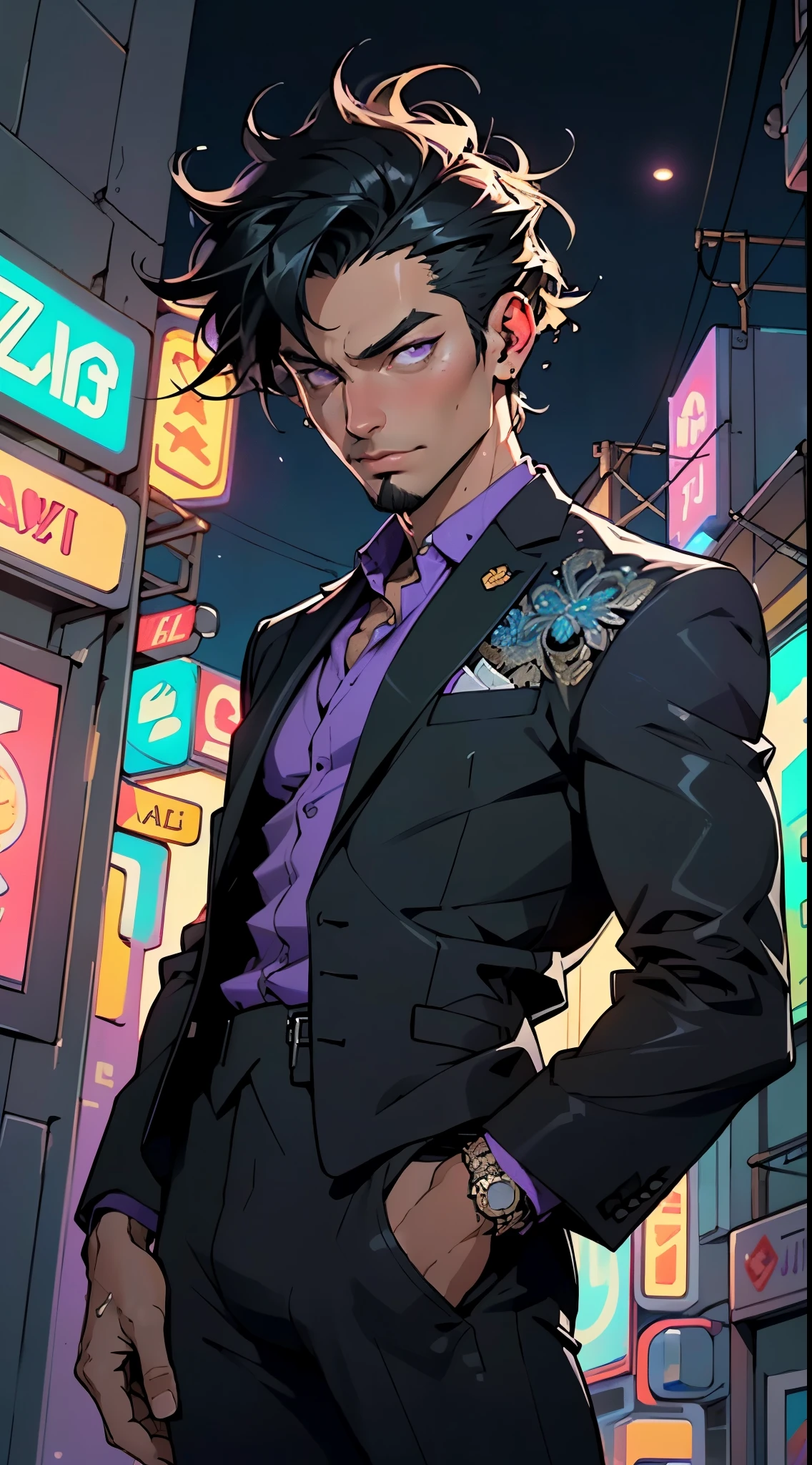 man:1.5,1 man,businessman man,(((1man))),((man with black short hair)),

(((1male,man:1.5,handsome man,male,male gender:1.5,male focus))),macho man,hero,

((messy hair,black short haircut,detailed black hair,highly detailed hair,black hair,colored inner hair)),(((lustrous skin:1.5,tanned skin,bright skin: 1.5,skin tanned,shiny skin,very shiny skin,shiny body,illuminated skin))),(((purple_eyes:1.2))),intricate eyes,beautiful detailed eyes,symmetrical eyes,((man chest)),handsome face,((muscular)),male jaw,((very short beard)),(((detailed face))),

manly,nsfw,

cyberpunk businessman, ((Business suit:1.5)), futuristic businessman,((bulge in pants)),((bold color suit:1.2)),((wet clothes,intricate outfit,intricate clothes,intricate suit)),

(dynamic pose:1.0),solo focus,((smug)),(centered,scale to fit dimensions,Rule of thirds),

cyberpunk city by the ocean at night, with bright neon signs and dark stormy clouds and puddles, scenery:1.25,nighttime, starry night, cosmos,Very dark night that makes the neon lights stand out, very bright neon lights,nighttime, starry night, cosmos,

artistic photography,(photography taken by sldr),highres, sharp focus,(ultra detailed, extremely detailed), (photorealistic artwork:1.37),(extremely detailed CG unity 8k wallpaper),((synthwave background theme)),(((vibrant colors))),intricate,(intricate background),(masterpiece),(best quality),perfect rendered face,perfect face details,realistic face,photo realistic,analog style,((intricate detail)),(((realism))),