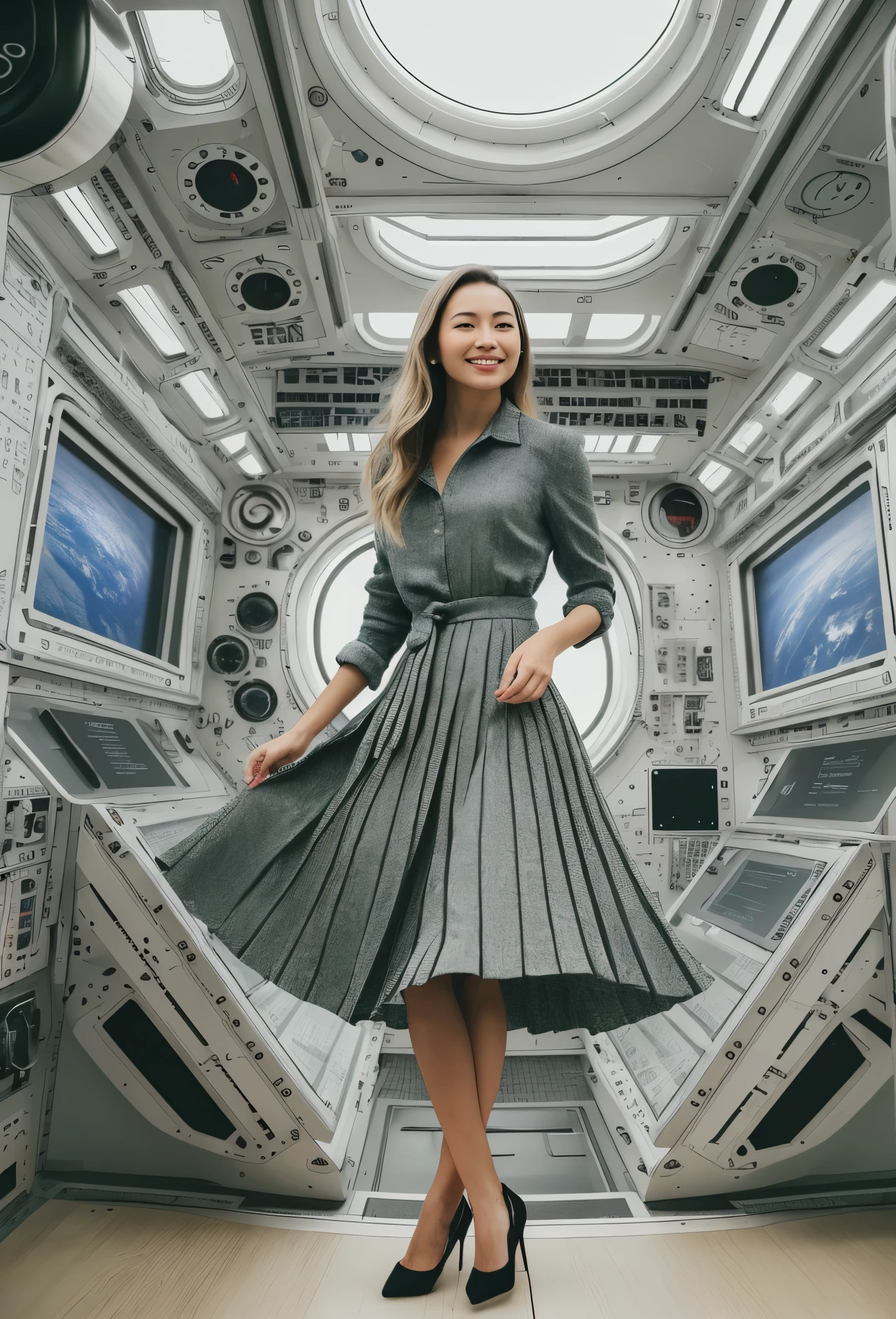 (authentic:1,5) (shy smiling:1,1) woman admiring her skirt on a space ship, wearing short blazer and very very detailed (long (pleated) full circle skirt) and (low heeled office shoes), very very intricate hyper-detailed symmetric (attractive graceful feminine face) with (sad, tired eyes and a shy smile), large breasts, full of empathy and compassion and love, (pronounced (feminine) features), (highly detailed ultra accurate realistic) hands and fingers, (windy conditions and wind blowing), epic composition, highly detailed attributes, highly detailed space station background, (35mm f1.4 Kodak portra 400 photograph), extremely high quality RAW photograph,