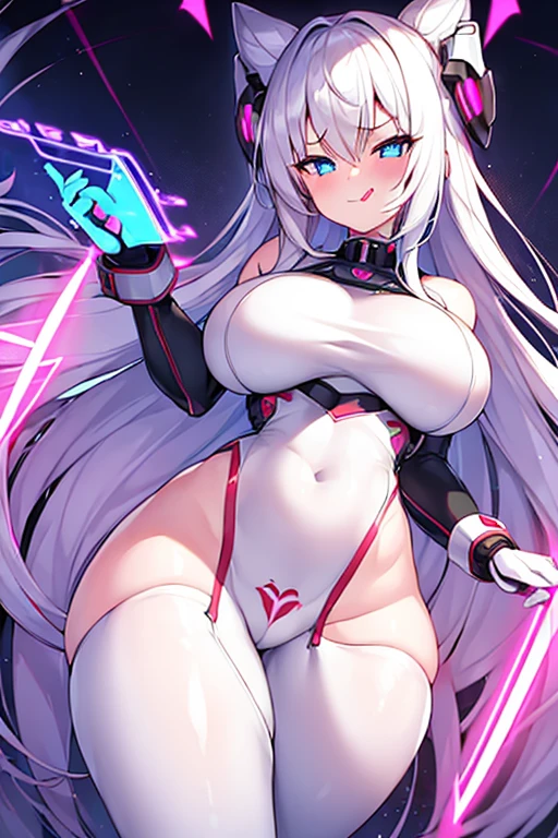 1girl, mind control, heart-shaped pupils, hypnosis, white hair, long hair, bodysuit, white bodysuit, blue eyes, pubic tattoo, large breasts, thick thighs, breasts, futuristic, tech, science-fiction, machinery, neon, neon trim, smirk, smug, tongue out, tongue