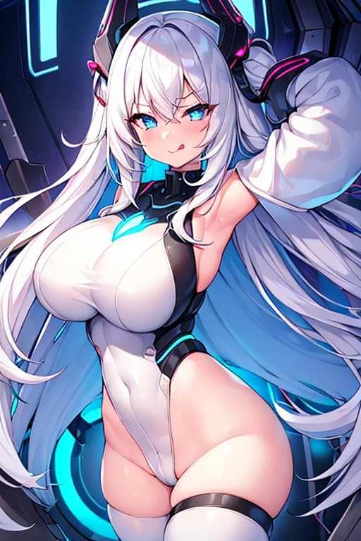 1girl, mind control, heart-shaped pupils, hypnosis, white hair, long hair, bodysuit, white bodysuit, blue eyes, pubic tattoo, large breasts, thick thighs, breasts, futuristic, tech, science-fiction, machinery, neon, neon trim, smirk, smug, tongue out, tongue