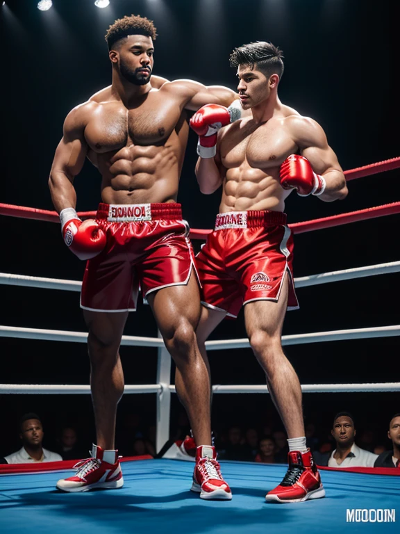 8K，(8K分辨率)，Boxing ring match scene，Two muscular black men, (The red party is wearing red shorts、Red boxing gloves、redfootwear)，(Blue party wears blue shortlue boxing glovelue shoeoth parties are fully dressed，Make a shining debut，The two of them are very domineering，cool guy，sexy for, Bright and attractive eyes，malancholic look，Dark skin, Smooth and shiny，chest muscle，chest hair body hair，Big breastarechested，茂密的chest hair body hair， White color full body photo，Large bumps visible，Good quality，profesional lighting，professional photoshooting，real photograph，realistic model，photorealistic  art