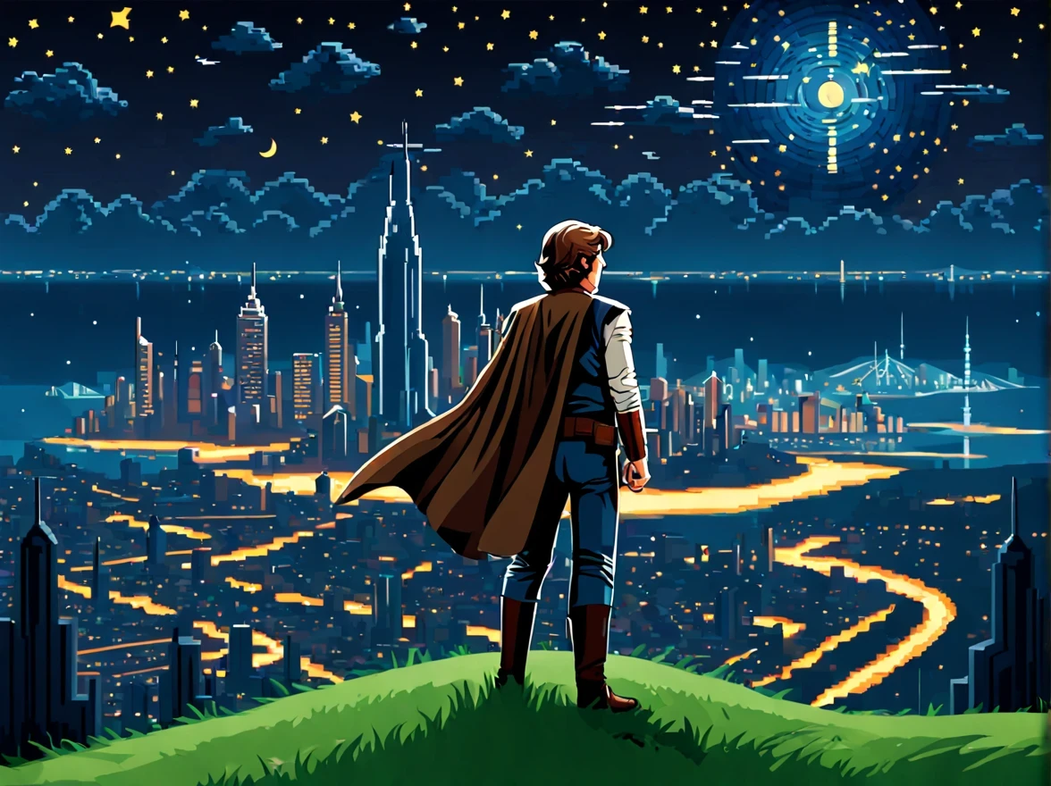 (pixel art:1.3) (back view:1.3) of a brave ((Han Solo)) standing on the tall grassy hill and overlooking the ((breathtaking futuristic cityscape with bizarre architecture)), exotic flora, his cape billows in the wind. | (((Starry dark night))). | ((Spaceships)) in the sky. | More_Detail