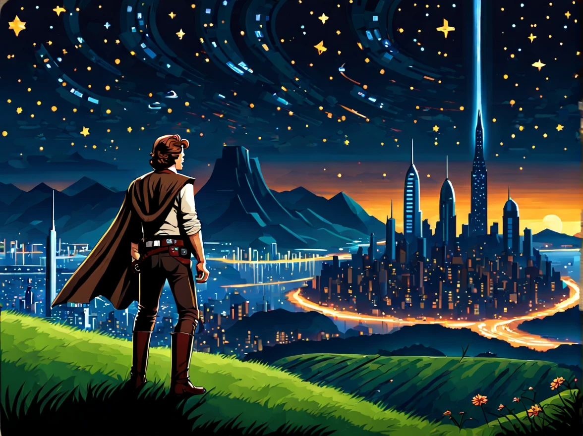 (pixel art:1.3) (back view:1.3) of a brave ((Han Solo)) standing on the tall grassy hill and overlooking the ((breathtaking futuristic cityscape with bizarre architecture)), exotic flora, his cape billows in the wind. | (((Starry dark night))). | ((Spaceships)) in the sky. | More_Detail