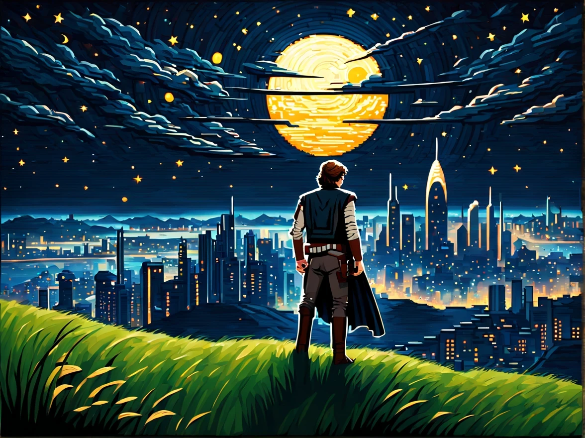 (pixel art:1.3) (back view:1.3) of a brave ((Han Solo)) standing on the tall grassy hill and overlooking the ((breathtaking futuristic cityscape with bizarre architecture)), exotic flora, his cape billows in the wind. | (((Starry dark night))). | Star Wars vibes. | More_Detail