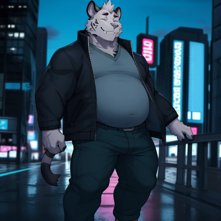 By bebebebebe, giant macro bear walking through the streets in a huge city, smirking, muscular, dramatic lighting, night, tan fur, nude, thick penis