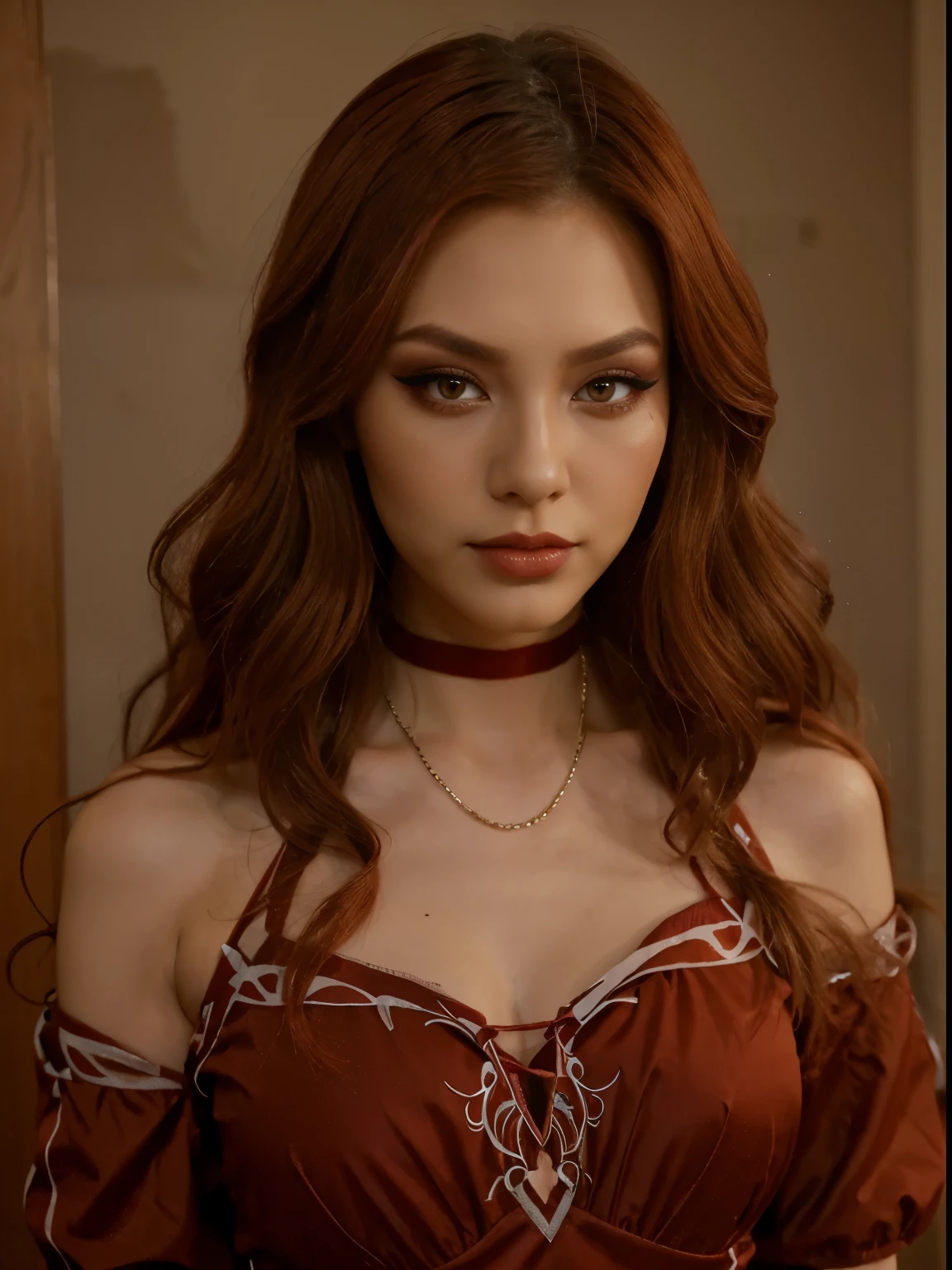 Wearing contour makeup, wearing contour makeup, blood red hair, wearing eyeshadow makeup, wearing eyeshadow makeup, half asian half European,