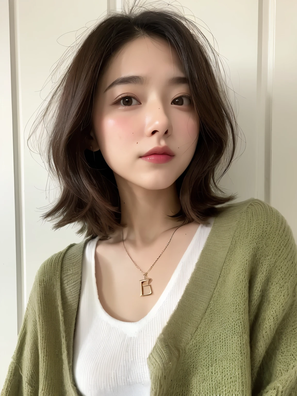 (top-quality、8K、32K、masterpiece、nffsw:1.2)、cute little女性の、large full breasts、very short bobbed hair、The upper part of the body、sface focus、Oversized_Sweaters、a necklace、simple background、From above、looking at the viewers、mix4、(8K、Raw photography、top-quality、masterpiece:1.2)、(realisitic、Photorealsitic:1.37)、1girl in、cute little、profetional lighting、photon maping、physically-based renderingt、Gradient Brunette Hair、short curly hair、a handsome、Girly、superior image quality、hight resolution、1080p、(Clear face)、(Detailed face description)、(Detailed hand description)、(masuter piece)、(Exquisite CG)、 extreme light and shadows、hair messy、masterpiece、lush detail、(Exquisite facial features)、(The highest image quality)、(masterpiece)、(A detailed eye)、Looking forward to your eyes、Delicate collarbones、Poses variadas、dong'don't watch the mela、profile、white walls、Taken in front of the white door、(窓のあるwhite wallsの部屋)、Autumn clothes、Winter clothes、シンプルa necklace、yellow lean jacket