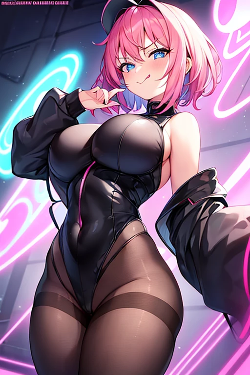 1girl, mind control, heart-shaped pupils, hypnosis, pink hair, very short hair, bodysuit, black bodysuit, pantyhose, blue eyes, pubic tattoo, large breasts, thick thighs, breasts, wide hips, futuristic, tech, science-fiction, machinery, neon, neon trim, smirk, smug, tongue out, tongue, black pantyhose