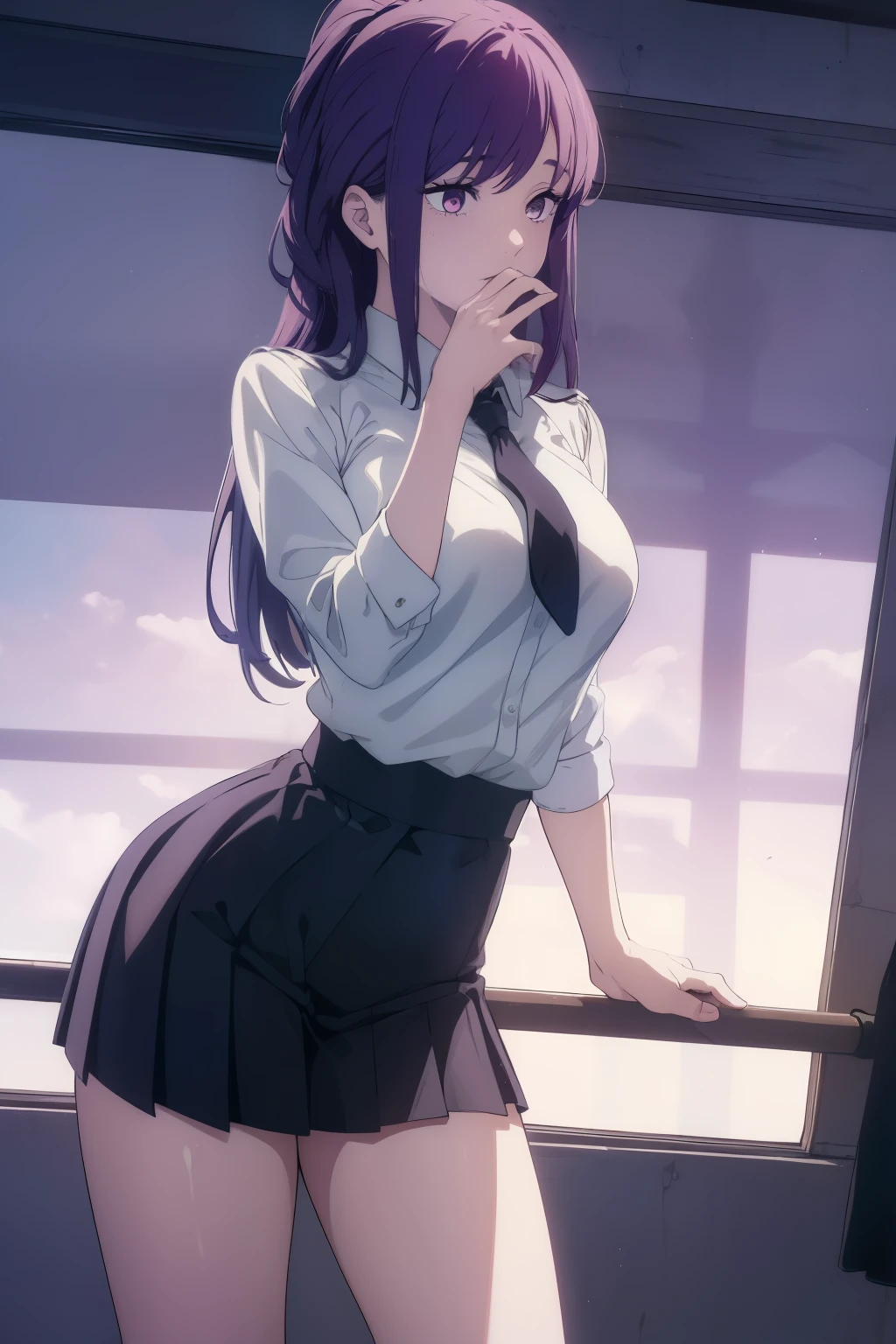 ((((Obra maestra, La mejor calidad, ultrahigh resolution)))), ((perfect anatomy)), 1girl, pleated skirt, long hair, purple