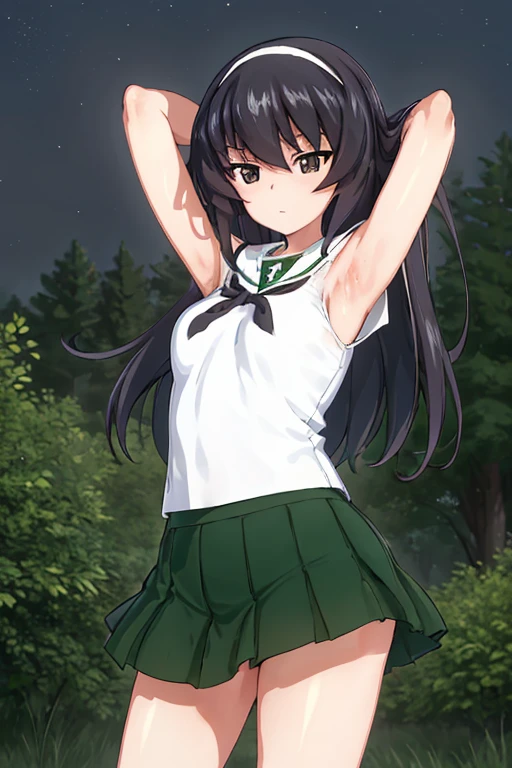masterpiece,best quality, 1girl,solo,girls und panzer, reizei mako,long hair, small breasts, white hairband, ooarai school uniform,white shirt,black handkerchief,green skirt, closed mouth, contrapposto, spread armpits, arms behind head, forest, night sky, expressionless,