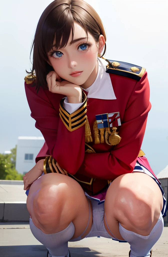1girl in, sayla mass, Elegant, masutepiece, Convoluted, Army pink uniform dress with a super miniskirt so short you can almost see your pants........、Pure white panties、Please squat down and show me your white panties........、Super miniskirt You can see the pants in the miniskirt、White panty、Realistic, Best Quality, absurderes, high face detail, Perfect eyes, 18 years old, Cowboy Shot, realization、, Vibrant colors, Pink Uniform, Skirt、Photography、Gravure photography style、Real Images、Top image quality、1girl in, sayla mass, Elegant,Spread Leg,Show white panties, masutepiece, Convoluted,Ultra mini skirt、White panty、 Realistic, Best Quality, absurderes, high face detail, Perfect eyes, 18 years old, Cowboy Shot, , Vibrant colors, White uniform, Skirt