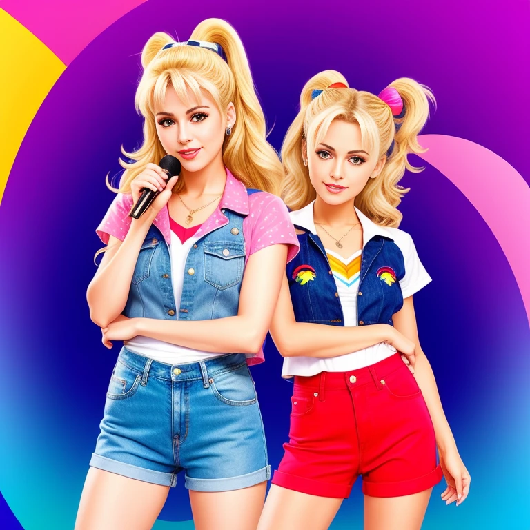 "(Mature and realistic portrayal:1.2) Sailor Moon exuding confidence as she holds a microphone, her blonde hair cascading down, adorned in stylish rainbow denim clothes from the 2000s, with a backdrop filled with donuts."