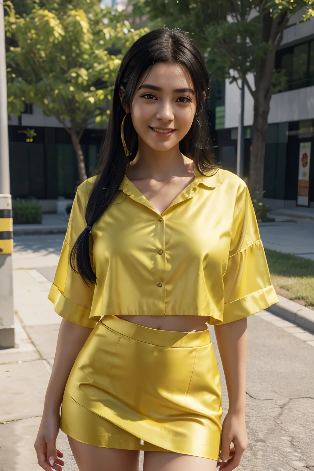 High Quality, 4K, In Frame, Close Up Portrait of Black Hair Woman in Yellow silk Shirt and Light green Skirt, Photorealistic smiling Girl Render, Cute 3D Girl Render, April Rendering, VTuber Full Body Model, Full Body Xianxia, Live2D Virtual Youtuber Model, Smooth CG Art, Realistic Portrait Full Body Realistic 3D style, photorealistic full body