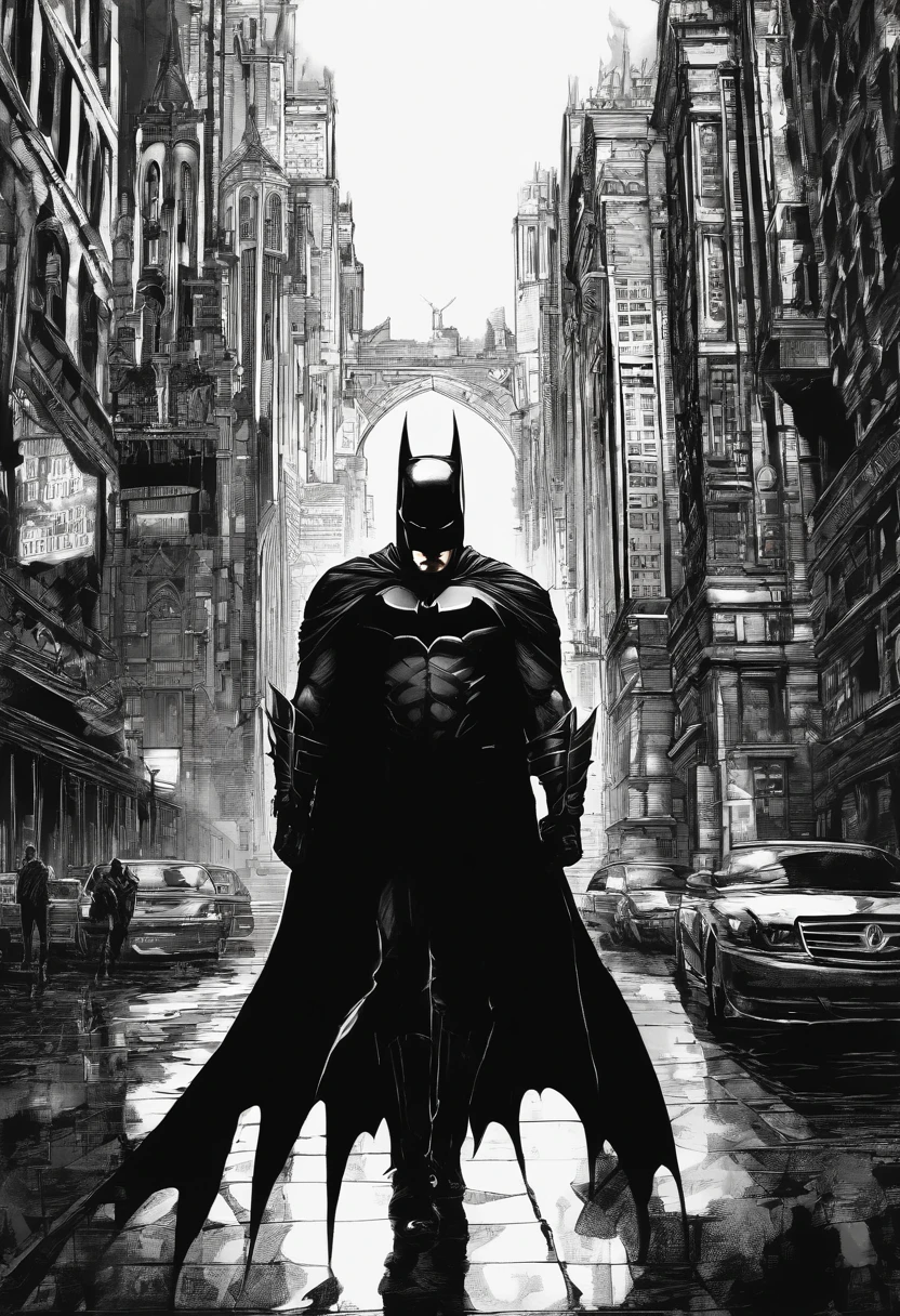tmasterpiece, Best quality at best, ultra - detailed, illustratio, wide angles, A Batman standing on the street，There is only one person，Monotonous background，Gotham City，Dark，nigth， Representative.