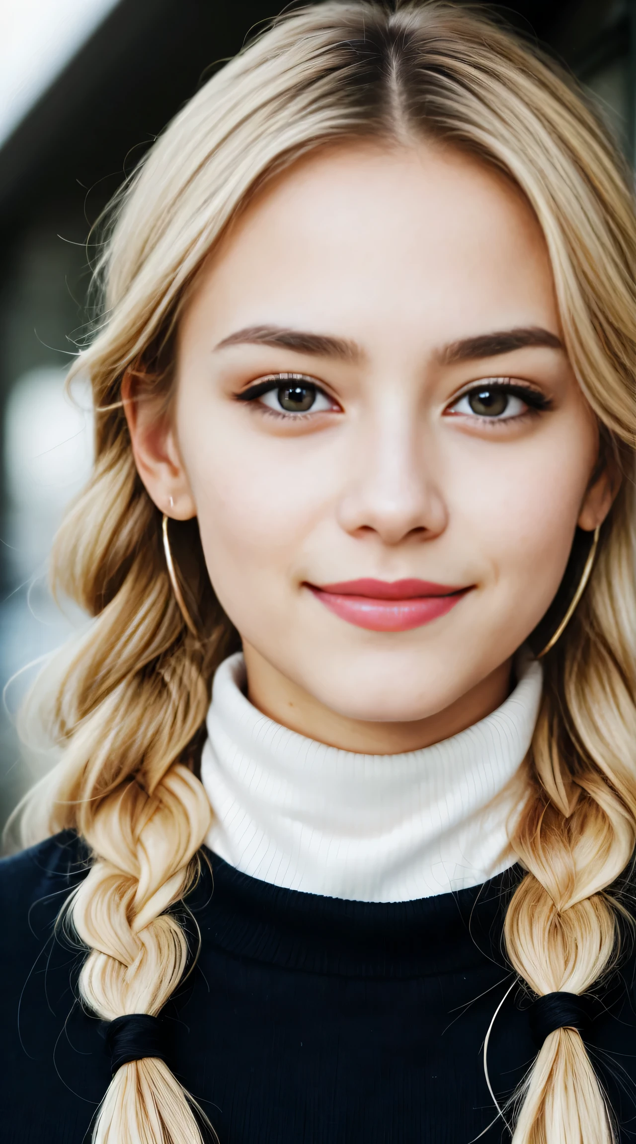 (Helena Lovista)美しい女性の見事なa picture, ((25-years old)), Perfect Fit Body, big Black eyes, long messy blond hair, ((Wearing a white turtleneck sweater))、(beautiful blonde with dark eyes), Very detailed, 25-years oldの, Innocent face, Natural wavy hair, Black eyes, hight resolutionであり, masutepiece, Best Quality, Intricate details, Highly detailed, Sharp Focus, Detailed skin, Realistic, Texture, Detailed eyes, Professional, 4K, へにょへにょしたA smile, Perfect Fit Body, Extremely detailed, a picture_\(Ultras\), photoRealistic, Post-processing, Maximum Detail, Roughness, Real life, Ultras Realistic, Photorealism, a picture化, 8K UHD, a picture化 ,Hair ribbons, agnes cecile, portlate, Very bright design, PastelColors, (inky:1.3), autumn lights, perfect eyes, Perfect iris,Perfect lips,perfect teeth、masterpiece, 最hightquality, hightquality, hight resolution、portlate、A smile、(blonde braids curly), (facial close-up)、