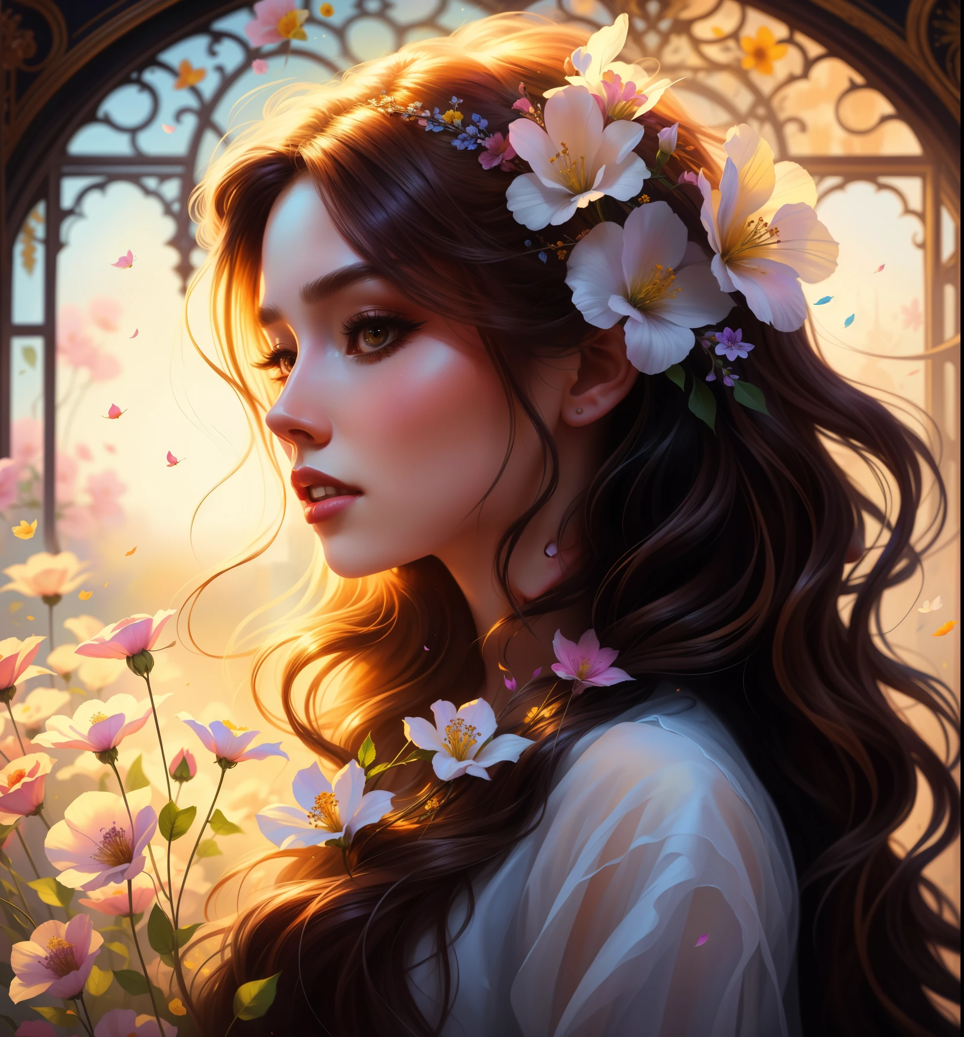 a girl with long hair and flowers in her hair, beautiful character painting, beautiful digital art, beautiful digital artwork, beautiful digital illustration, gorgeous digital art, beautiful digital painting, beautiful fantasy art portrait, fantasy art style, exquisite digital illustration, beautiful gorgeous digital art, gorgeous digital painting, very beautiful digital art, rossdraws digital painting, extremely detailed artgerm