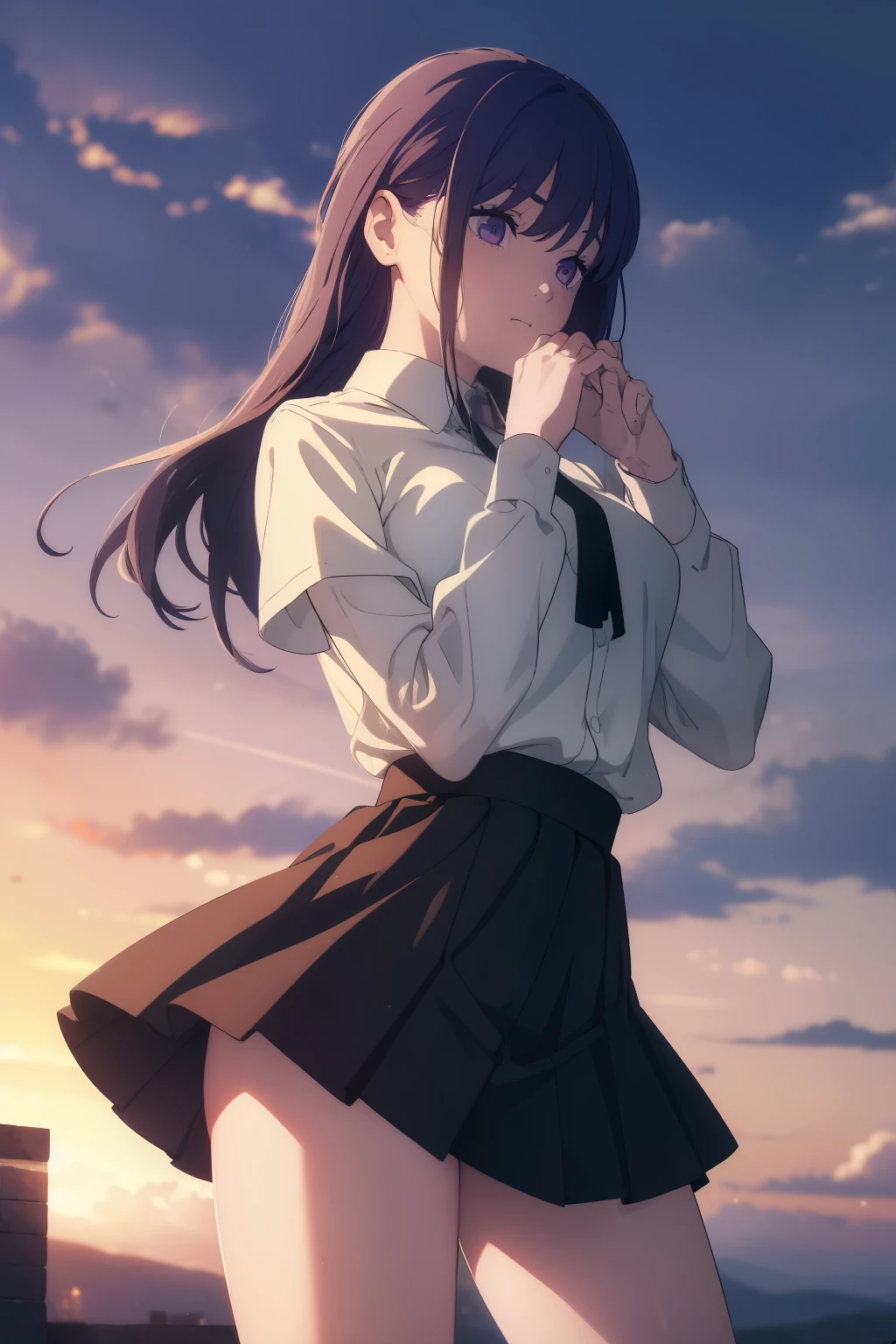 ((((Obra maestra, La mejor calidad, ultrahigh resolution)))), ((perfect anatomy)), 1girl, pleated skirt, long hair, purple