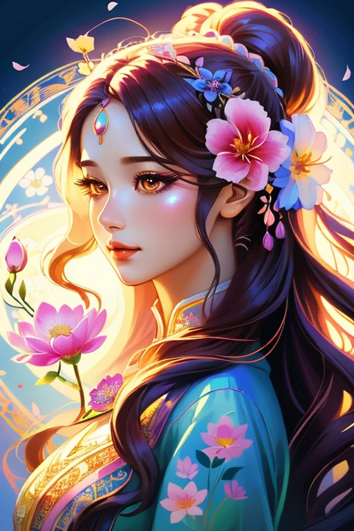 a painting of a woman with long hair and a flower in her hair, beautiful art uhd 4 k, a beautiful artwork illustration, beautiful digital illustration, beautiful gorgeous digital art, beautiful digital art, beautiful digital artwork, very beautiful digital art, jen bartel, stunning digital illustration, gorgeous digital art, rossdraws cartoon vibrant, alice x. zhang