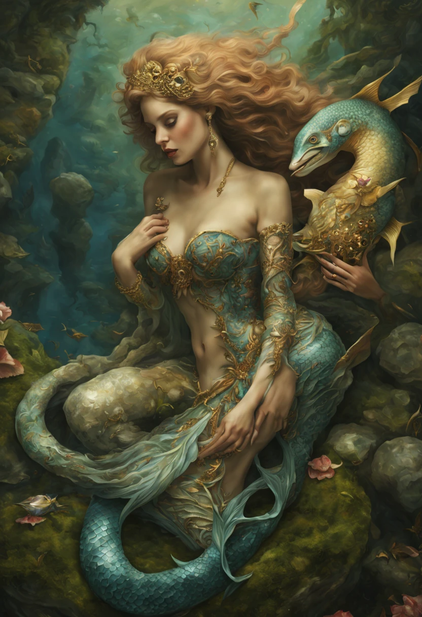 Elegant mermaid with intricately detailed fish scales on her tail, adorned in luxurious pearl and golden jewelry, embracing a skeletal yet ornately decorated companion symbolizing a merfolk deity, both seated on moss-covered rocks within an ethereal aquatic setting; photo-realistic style with a tender and surreal acting as if caught in an eternal moment of love beyond life, employing a shallow depth of field to evoke a mystical and intimate portrait; high fantasy genre intertwined with romantic and gothic elements.
