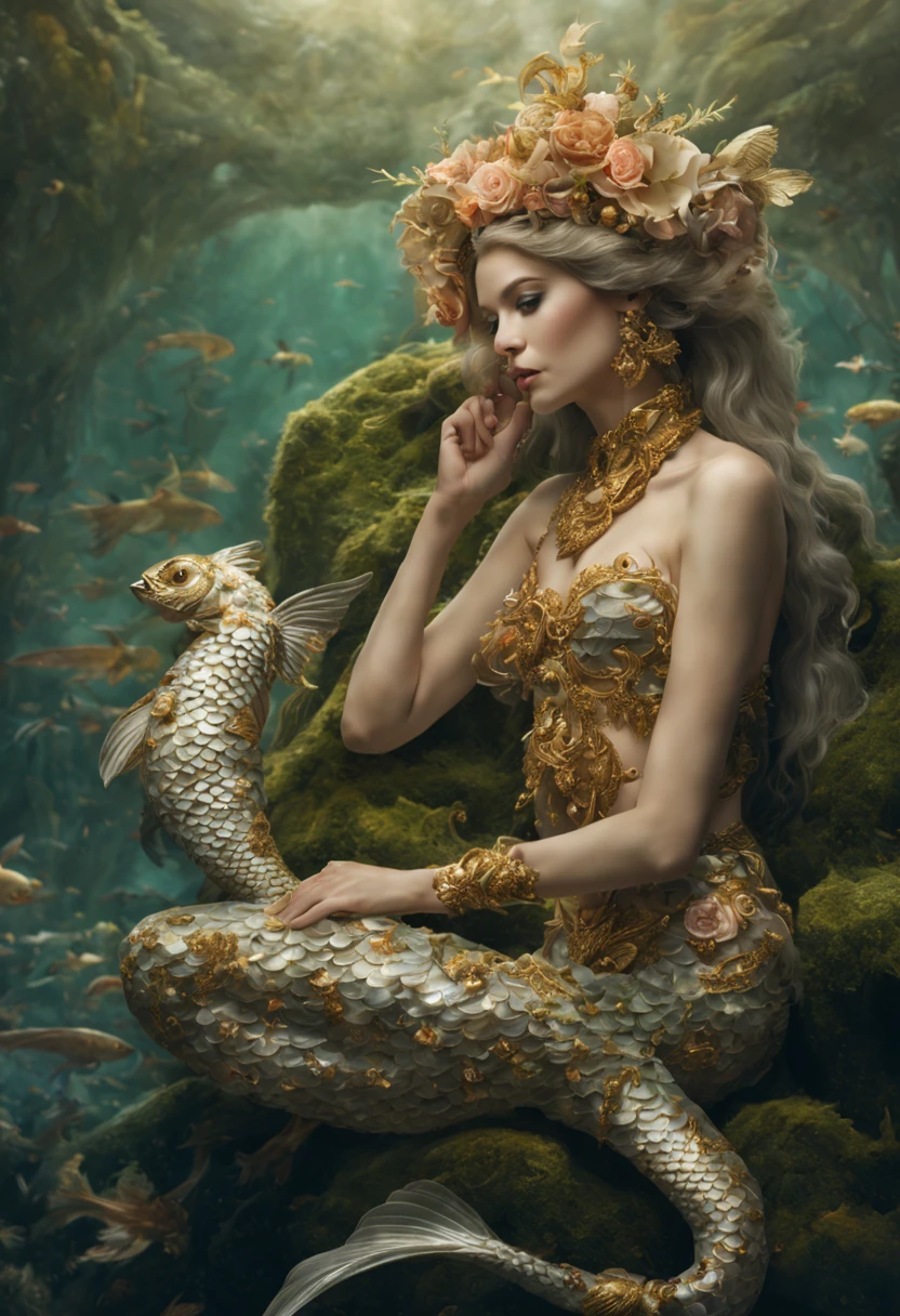 Elegant mermaid with intricately detailed fish scales on her tail, adorned in luxurious pearl and golden jewelry, embracing a skeletal yet ornately decorated companion symbolizing a merfolk deity, both seated on moss-covered rocks within an ethereal aquatic setting; photo-realistic style with a tender and surreal acting as if caught in an eternal moment of love beyond life, employing a shallow depth of field to evoke a mystical and intimate portrait; high fantasy genre intertwined with romantic and gothic elements.