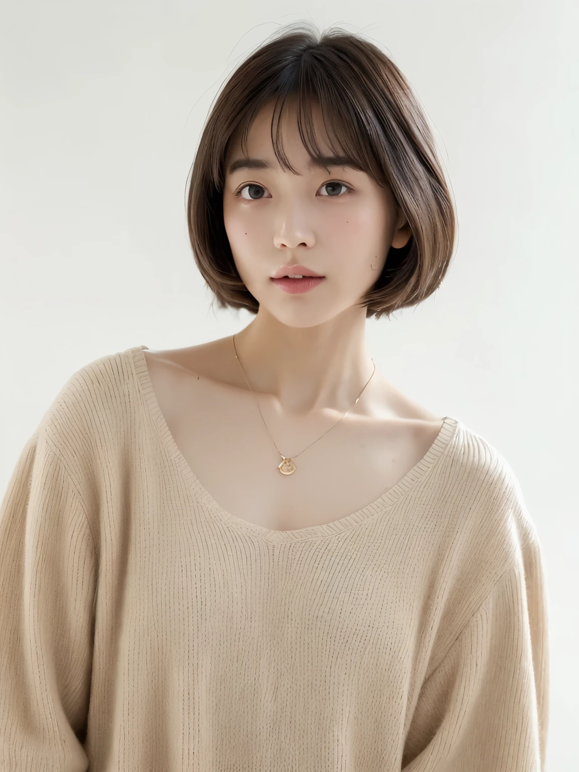 (top-quality、8K、32K、masterpiece、nffsw:1.2)、cute little女性の、large full breasts、very short bobbed hair、The upper part of the body、sface focus、Oversized_Sweaters、a necklace、simple background、From above、looking at the viewers、mix4、(8K、Raw photography、top-quality、masterpiece:1.2)、(realisitic、Photorealsitic:1.37)、1girl in、cute little、profetional lighting、photon maping、physically-based renderingt、Gradient Brunette Hair、short curly hair、a handsome、Girly、superior image quality、hight resolution、1080p、(Clear face)、(Detailed face description)、(Detailed hand description)、(masuter piece)、(Exquisite CG)、 extreme light and shadows、hair messy、masterpiece、lush detail、(Exquisite facial features)、(The highest image quality)、(masterpiece)、(A detailed eye)、Looking forward to your eyes、Delicate collarbones、Poses variadas、dong'don't watch the mela、profile、white walls、Taken in front of the white door、(窓のあるwhite wallsの部屋)、Autumn clothes、Winter clothes、シンプルa necklace、薄いピンクのSweaters