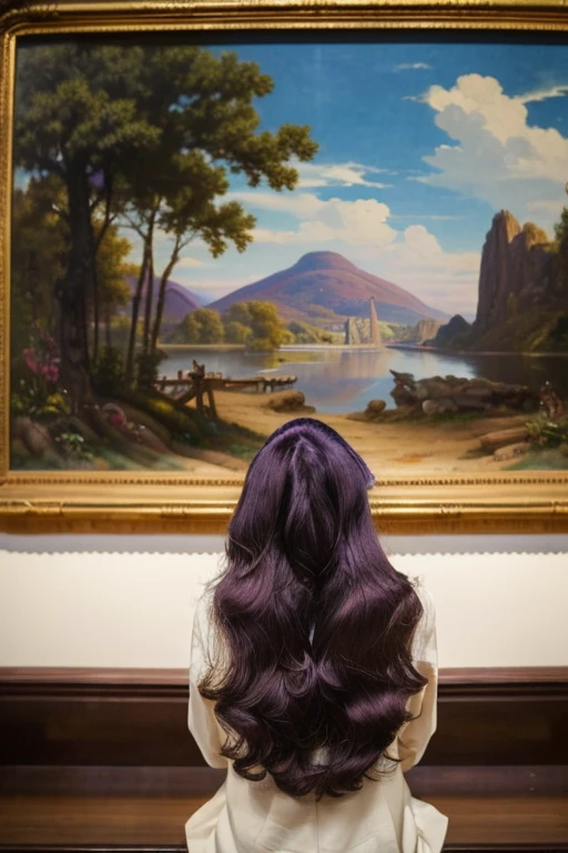 a young japanese woman sitting in on a bench looking at a massive museum painting on the wall, (((with long straight smooth purple hair, cute round young face, small eyes with small eyelashes)))), ((inside a museum)), dramatic artwork, an epic landscape, inspired by William Trost Richards, dramatic painting, hudson river school, by Samuel Colman, at a museum, by Frederic Church