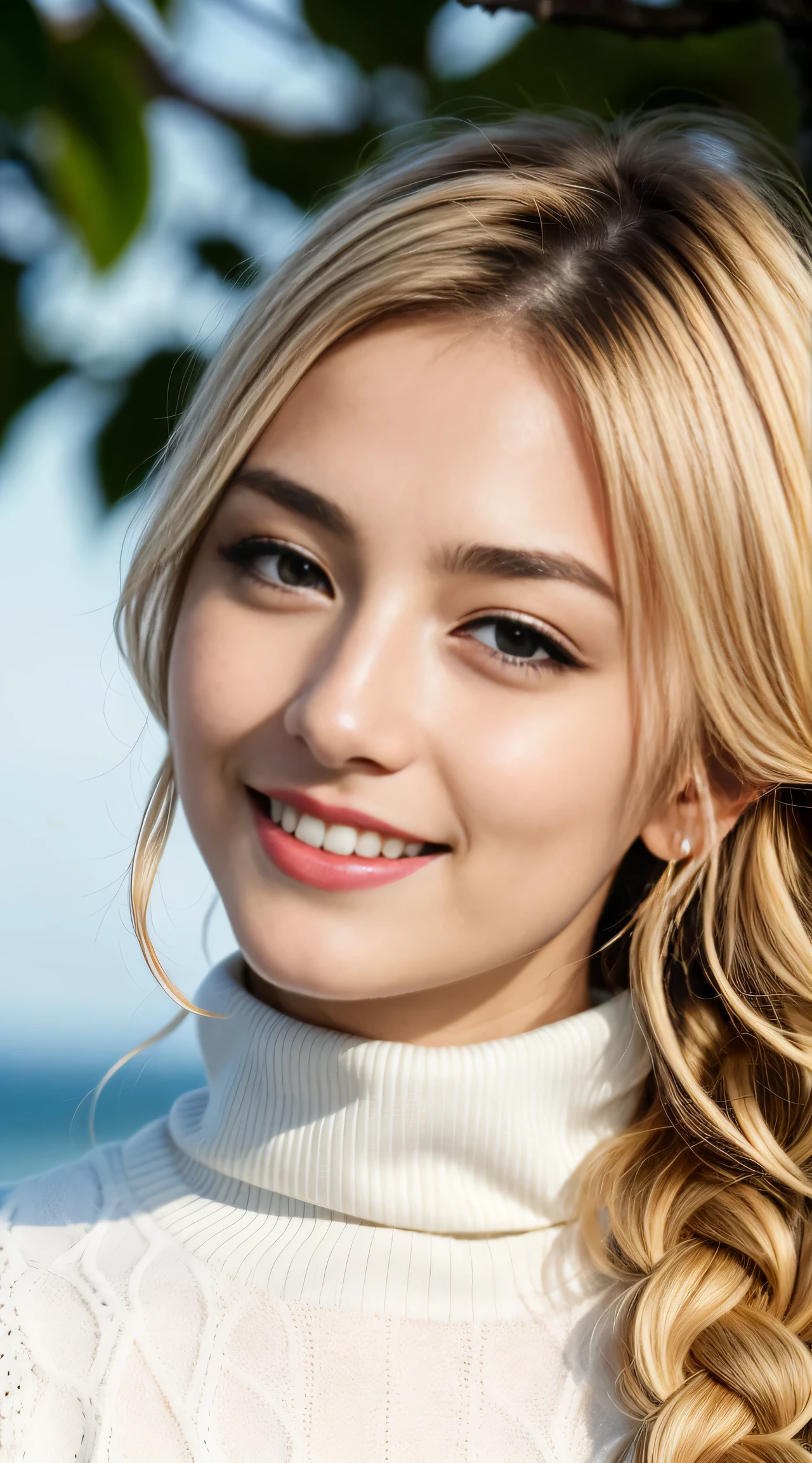 (Helena Lovista)美しい女性の見事なa picture, ((25-years old)), Perfect Fit Body, big Black eyes, long messy blond hair, ((Wearing a white turtleneck sweater、beautiful blonde with dark eyes)), Very detailed, 25-years oldの, Innocent face, Natural wavy hair, Black eyes, hight resolutionであり, masutepiece, Best Quality, Intricate details, Highly detailed, Sharp Focus, Detailed skin, Realistic, Texture, Detailed eyes, Professional, 4K, へにょへにょしたA smile, Perfect Fit Body, Extremely detailed, a picture_\(Ultras\), photoRealistic, Post-processing, Maximum Detail, Roughness, Real life, Ultras Realistic, Photorealism, a picture化, 8K UHD, a picture化 ,Hair ribbons, agnes cecile, portlate, Very bright design, PastelColors, (inky:1.3), autumn lights, perfect eyes, Perfect iris,Perfect lips,perfect teeth、masterpiece, 最hightquality, hightquality, hight resolution、portlate、A smile、(blonde braids curly), (facial close-up)、