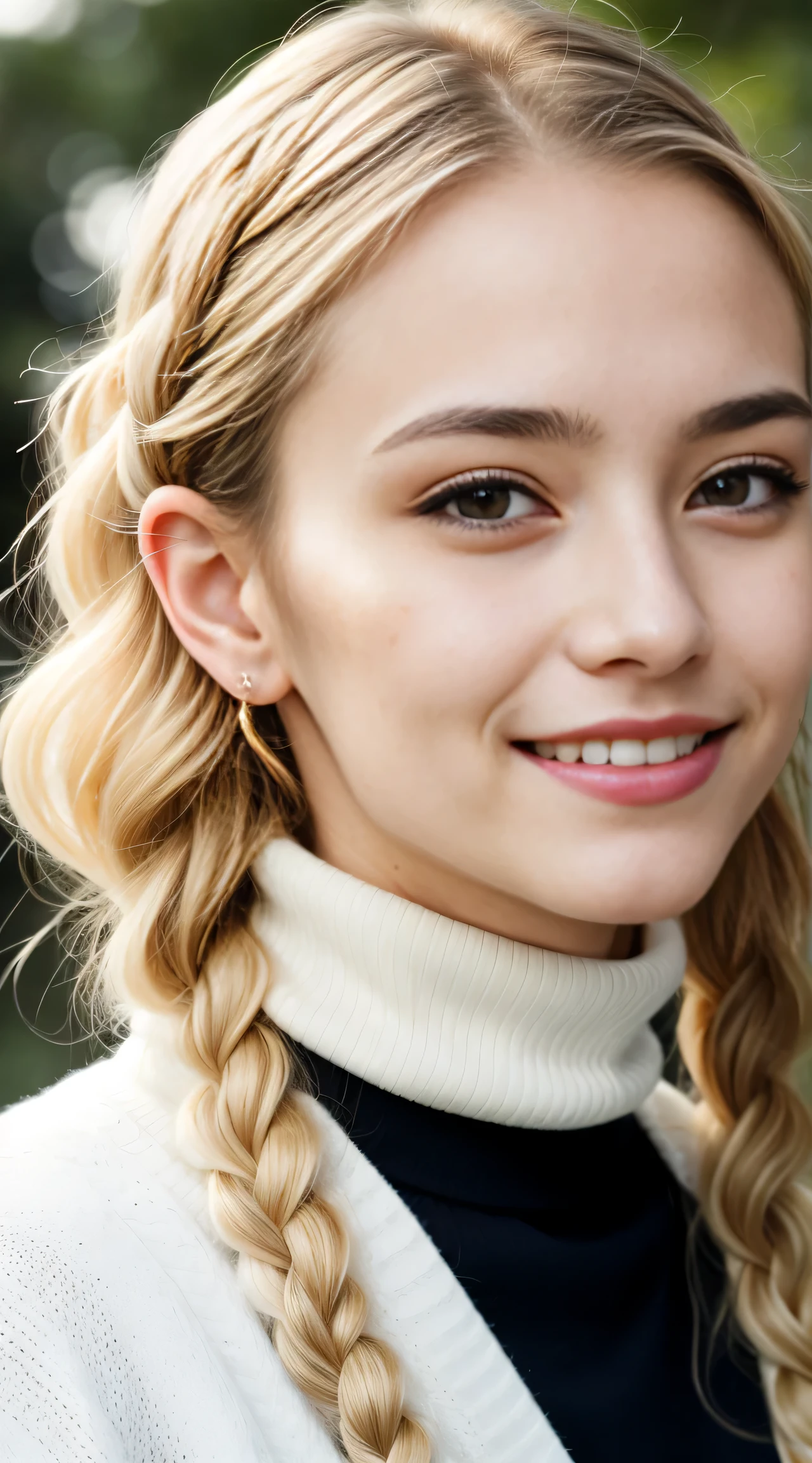 (Helena Lovista)美しい女性の見事なa picture, ((25-years old)), Perfect Fit Body, big Black eyes, long messy blond hair, ((Wearing a white turtleneck sweater、beautiful blonde with dark eyes)), Very detailed, 25-years oldの, Innocent face, Natural wavy hair, Black eyes, hight resolutionであり, masutepiece, Best Quality, Intricate details, Highly detailed, Sharp Focus, Detailed skin, Realistic, Texture, Detailed eyes, Professional, 4K, へにょへにょしたA smile, Perfect Fit Body, Extremely detailed, a picture_\(Ultras\), photoRealistic, Post-processing, Maximum Detail, Roughness, Real life, Ultras Realistic, Photorealism, a picture化, 8K UHD, a picture化 ,Hair ribbons, agnes cecile, portlate, Very bright design, PastelColors, (inky:1.3), autumn lights, perfect eyes, Perfect iris,Perfect lips,perfect teeth、masterpiece, 最hightquality, hightquality, hight resolution、portlate、A smile、(blonde braids curly), (facial close-up)、