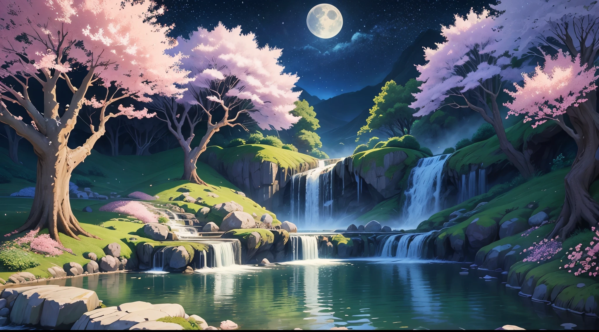 oriental scenery, cherry trees, stream, lotus flowers, waterfall, huge blue full moon and a starry sky, pixel art