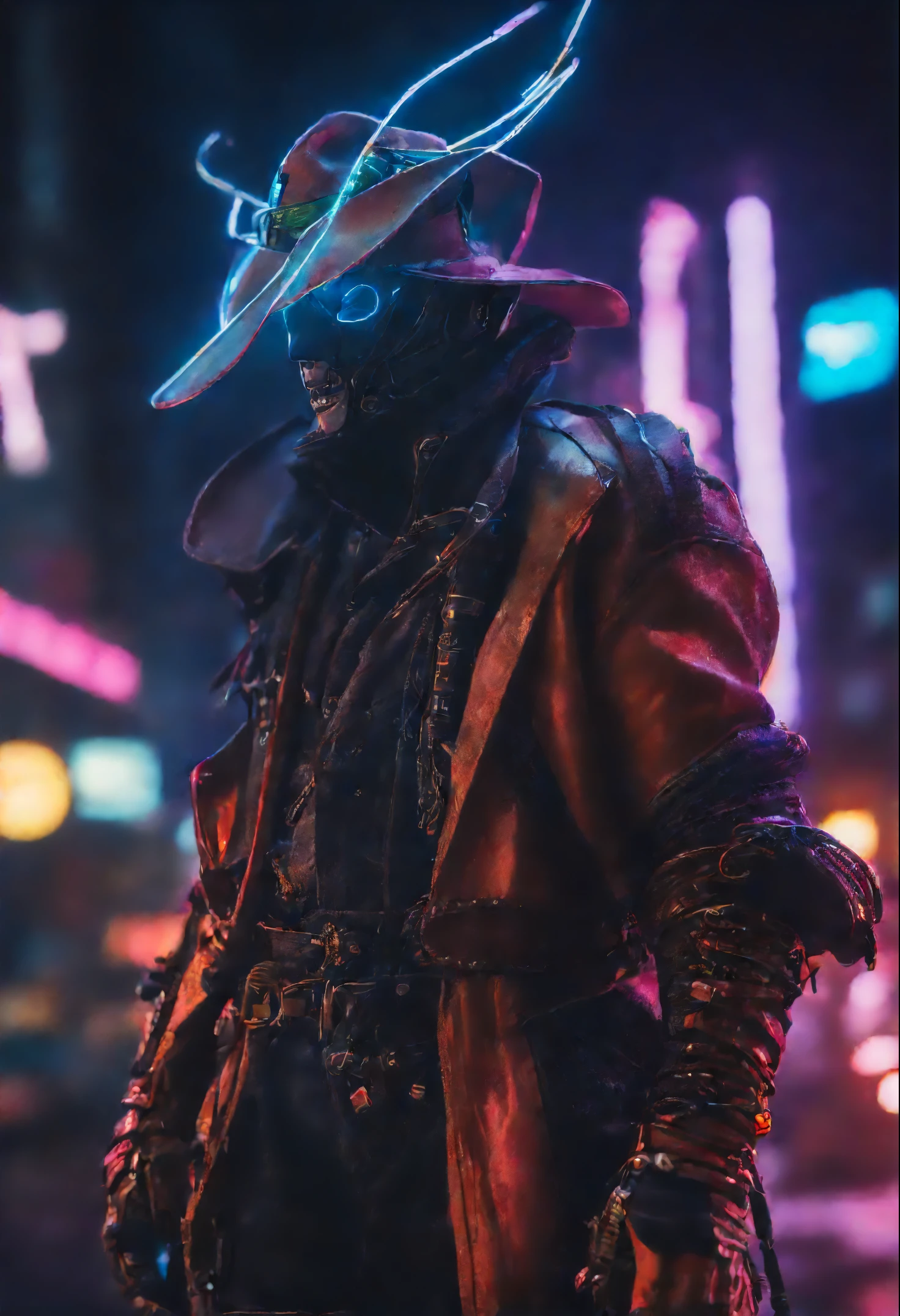 (Best quality,4K,8k,high resolucion,Masterpiece:1.2),Ultra-detailed,(Realstic,photoRealstic,photo-Realstic:1.37),Perssonage cyberpunk，Cowboys，tête de squelette，metallic texture，cowboy a，Fond clair neon，Un futuriste，Vibrant colors，Electrical sparks，mise au point nette，paysage urbain dystopique，Amélioration du réseau，Des yeux clairs brillants，veste en cuir，Arme de haute technologie，Wires & Cables，retro-future，night scene，Réalité mixed。