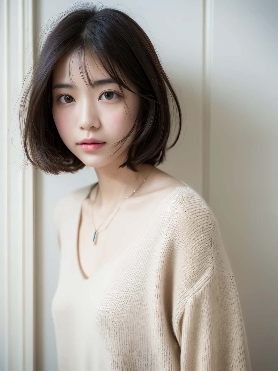 (top-quality、8K、32K、​masterpiece、nffsw:1.2)、cute little日本人女性の写真、large full breasts、very short bobbed hair、The upper part of the body、sface focus、Oversized_Sweaters、a necklace、simple background、From  above、looking at the viewers、mix4、(8K、Raw photography、top-quality、​masterpiece:1.2)、(realisitic、Photorealsitic:1.37)、1girl in、cute little、profetional lighting、photon maping、physically-based renderingt、Gradient Brunette Hair、short  curly hair、a handsome、Girly、superior image quality、hight resolution、1080p、(Clear face)、(Detailed face description)、(Detailed hand description)、(masuter piece)、(Exquisite CG)、 extreme light and shadows、hair messy、​masterpiece、lush detail、(Exquisite facial features)、(The highest image quality)、(​masterpiece)、(A detailed eye)、Looking forward to your eyes、Delicate collarbones、Poses variadas、don&#39;t watch mela、profile、white walls、Taken in front of the white door、(窓のあるwhite wallsの部屋)、Autumn clothes、Winter clothes、シンプルa necklace、light blue knit