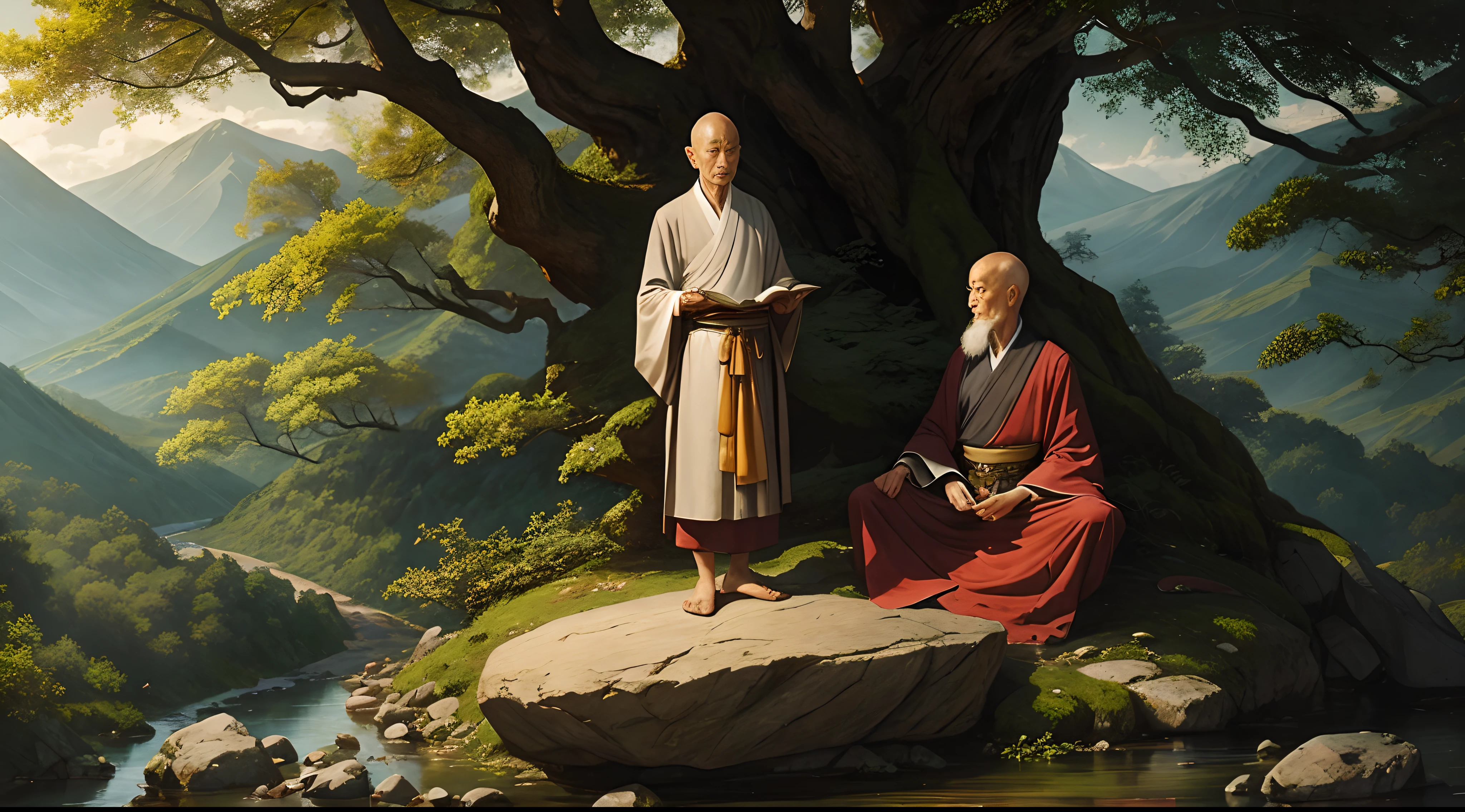 A wise Zen master wearing an antique dress sitting on a large rock and his young 20-year-old student standing up with curiosity,natureza clara,Floresta,Surrounding long tree,oil painting.